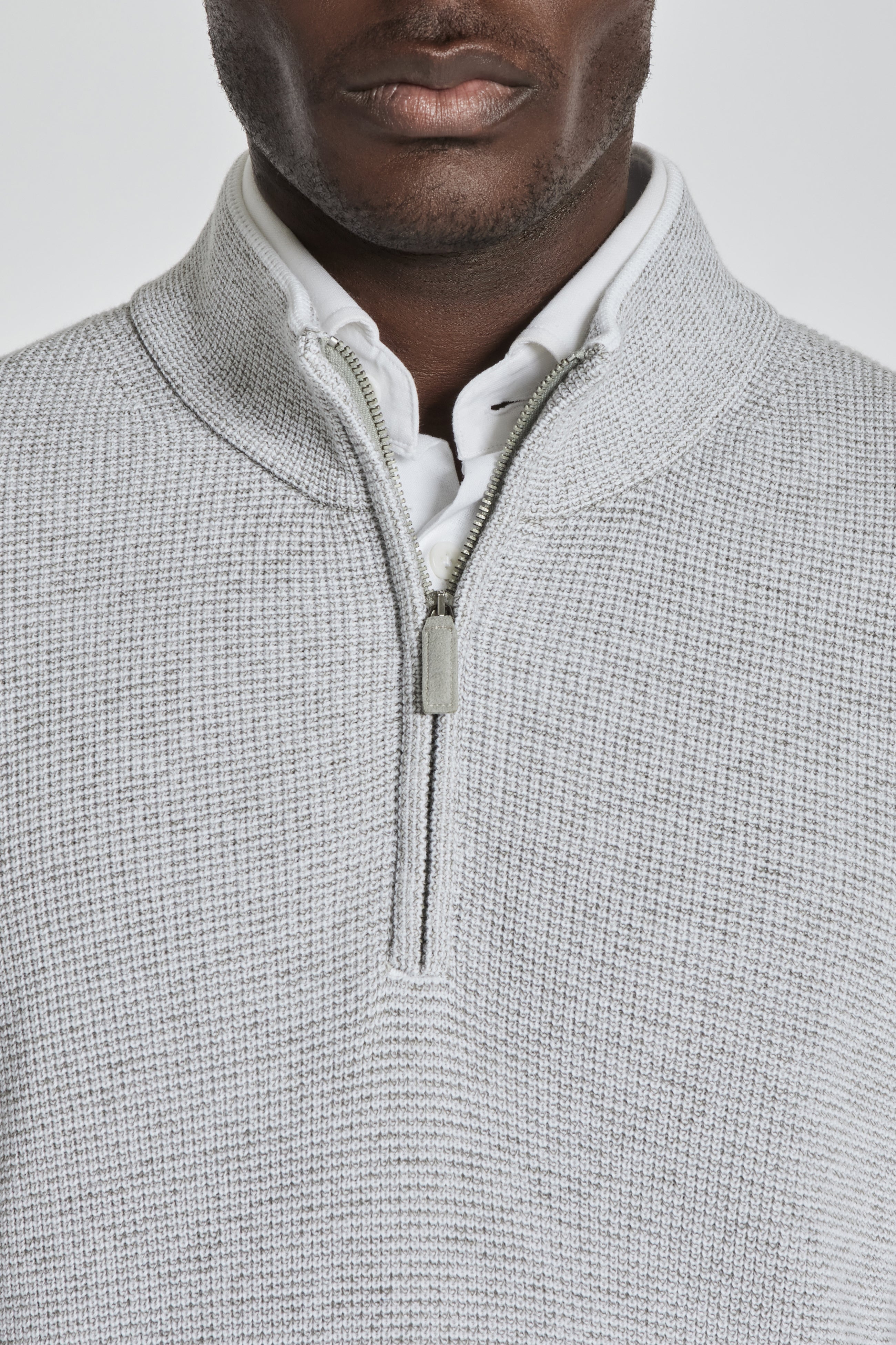 Alt view 1 Daulac Melange Cotton Quarter Zip Sweater in Pale Grey