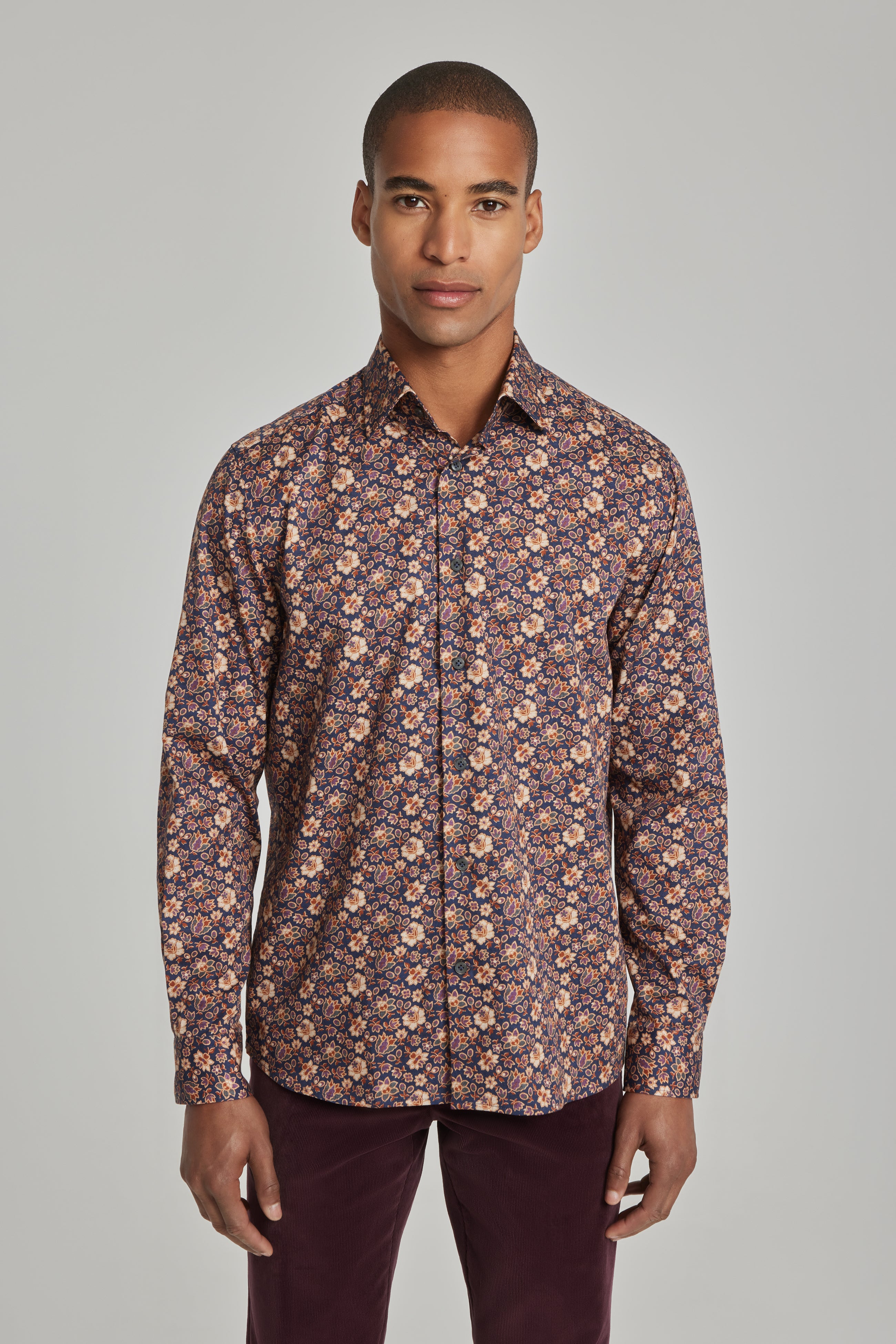 Alt view 2 Floral Print Cotton Shirt in Navy and Burgundy
