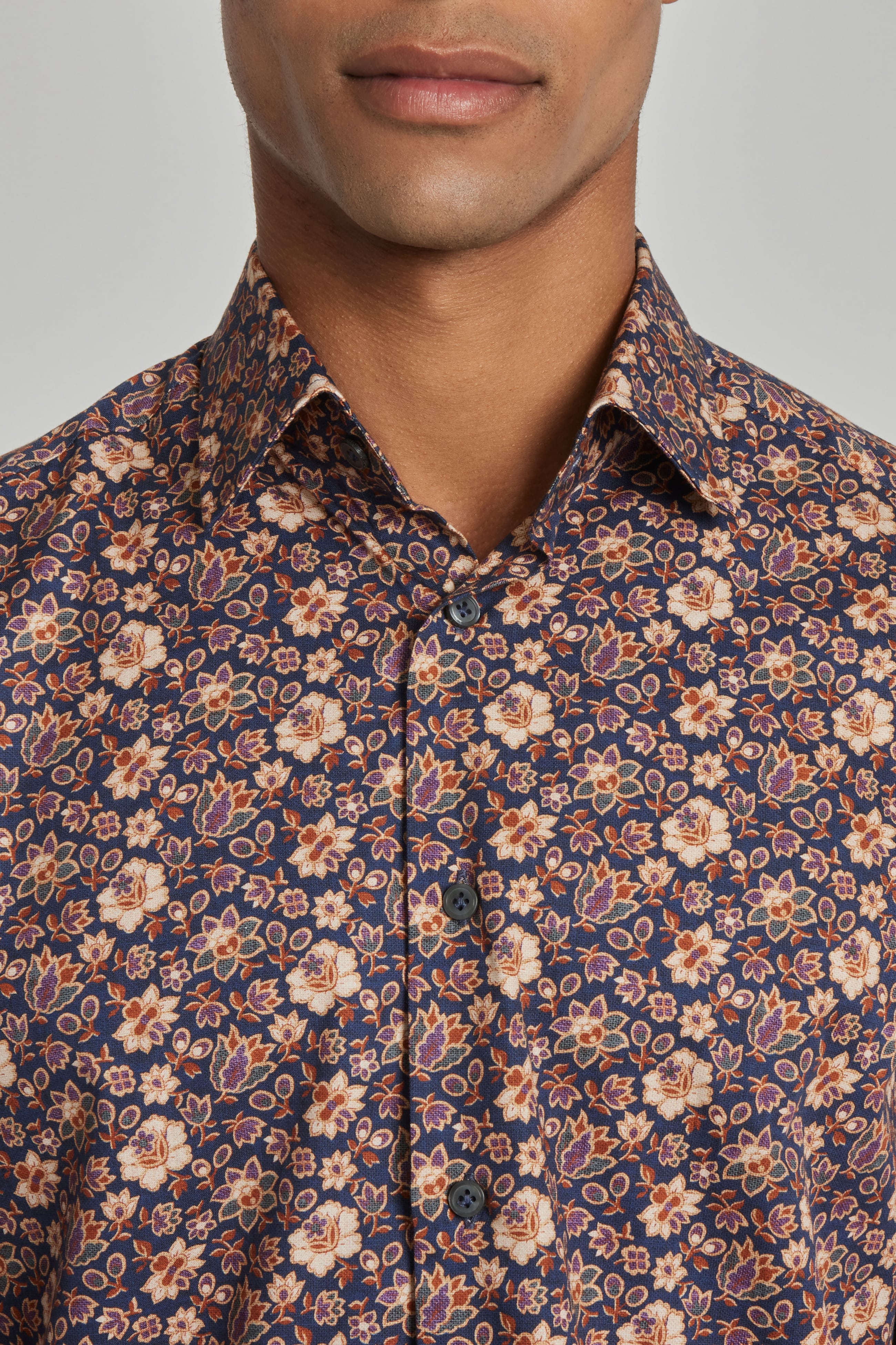 Alt view 1 Floral Print Cotton Shirt in Navy and Burgundy