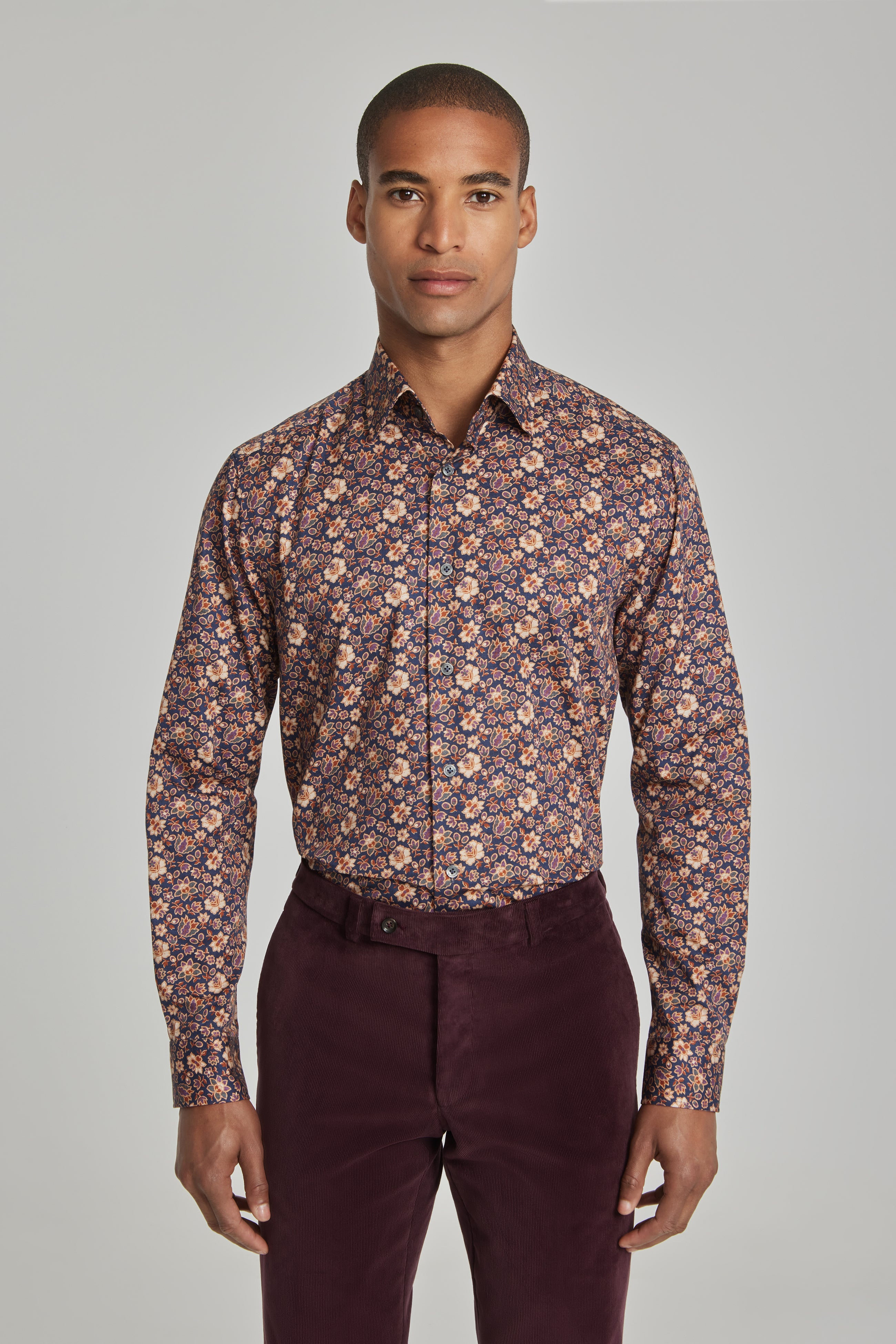 Alt view Floral Print Cotton Shirt in Navy and Burgundy