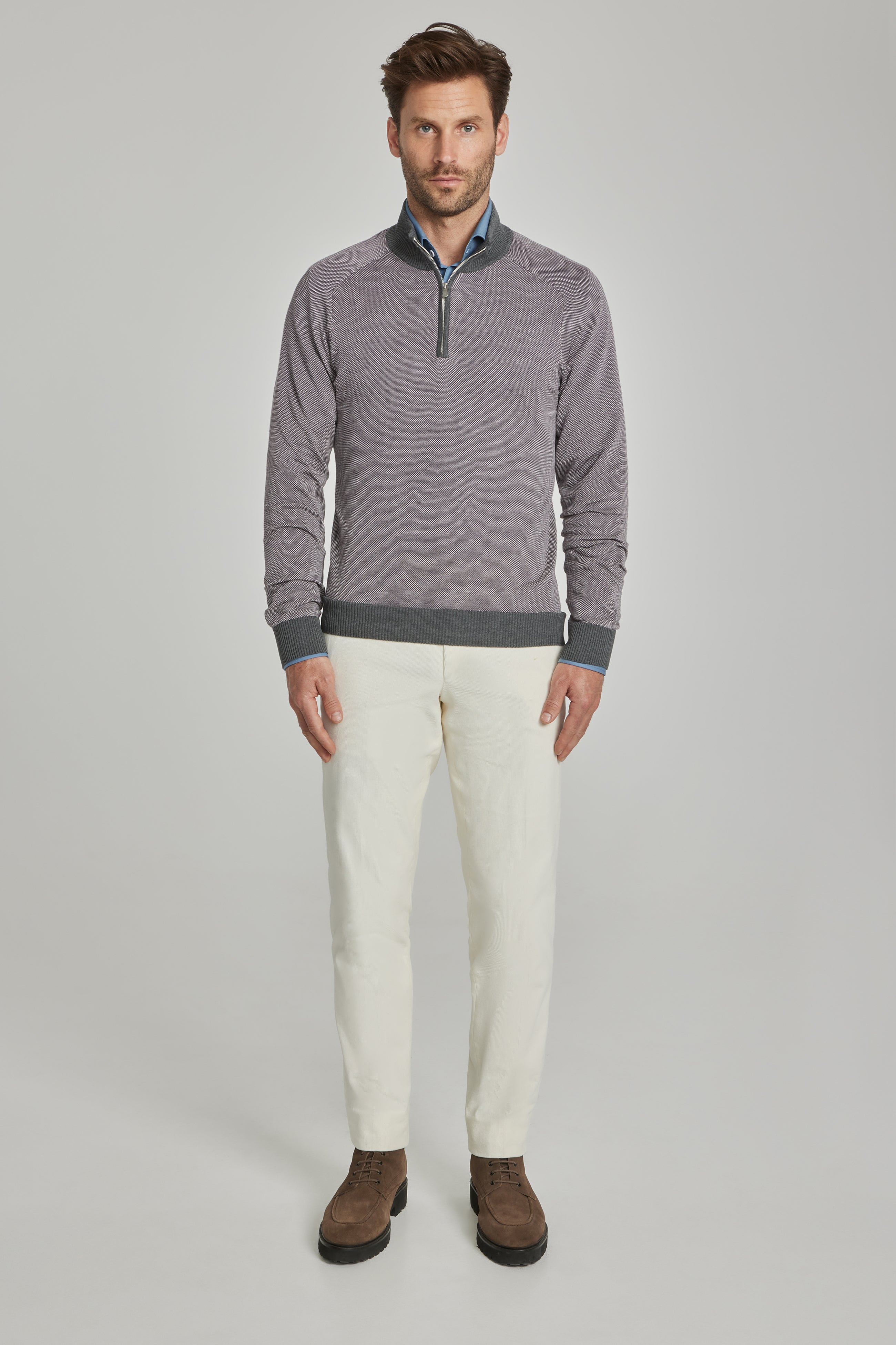 Alt view 2 Valois Birdseye Cotton and Silk Quarter Zip Sweater in Purple