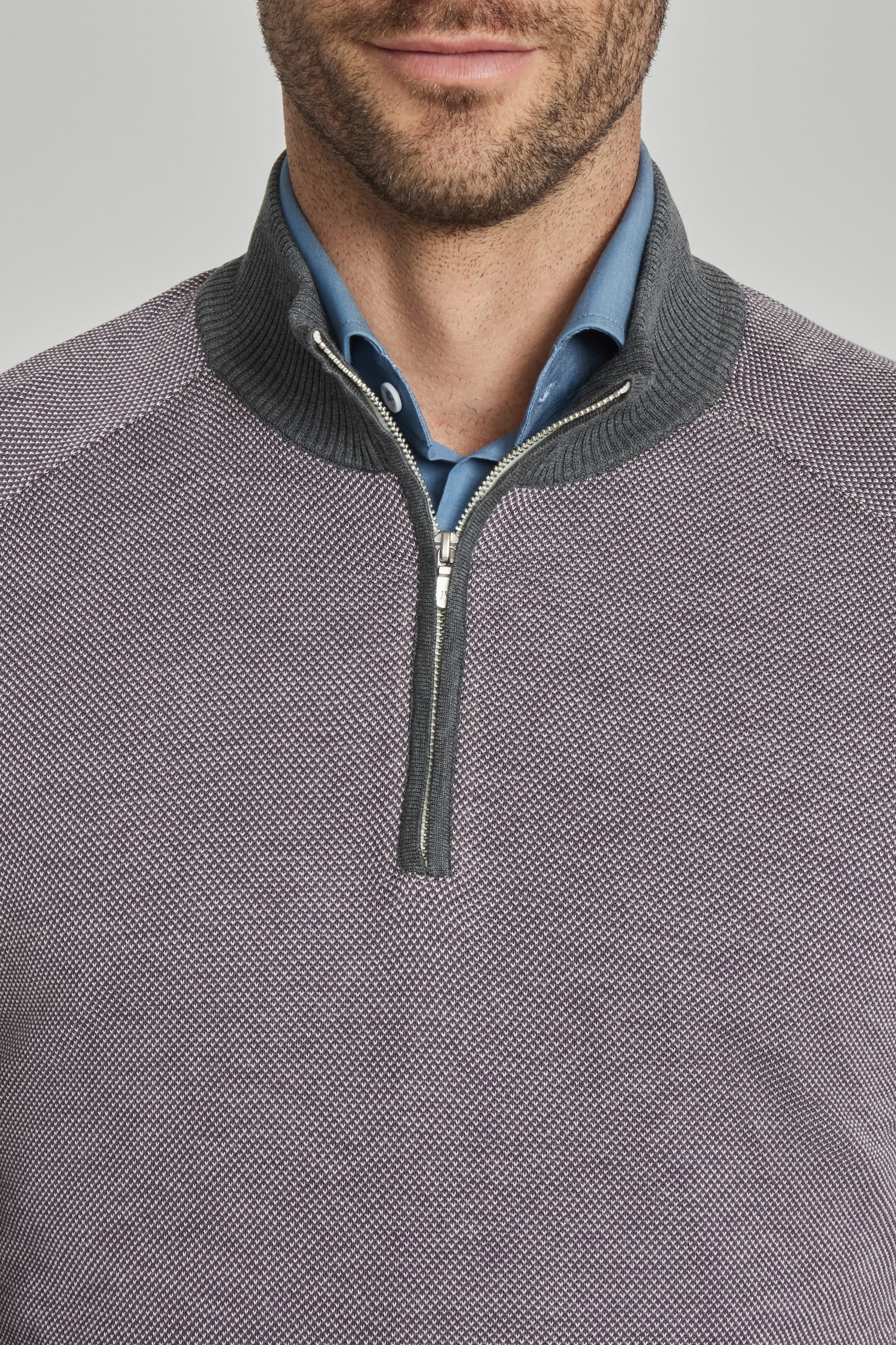 Alt view 1 Valois Birdseye Cotton and Silk Quarter Zip Sweater in Purple