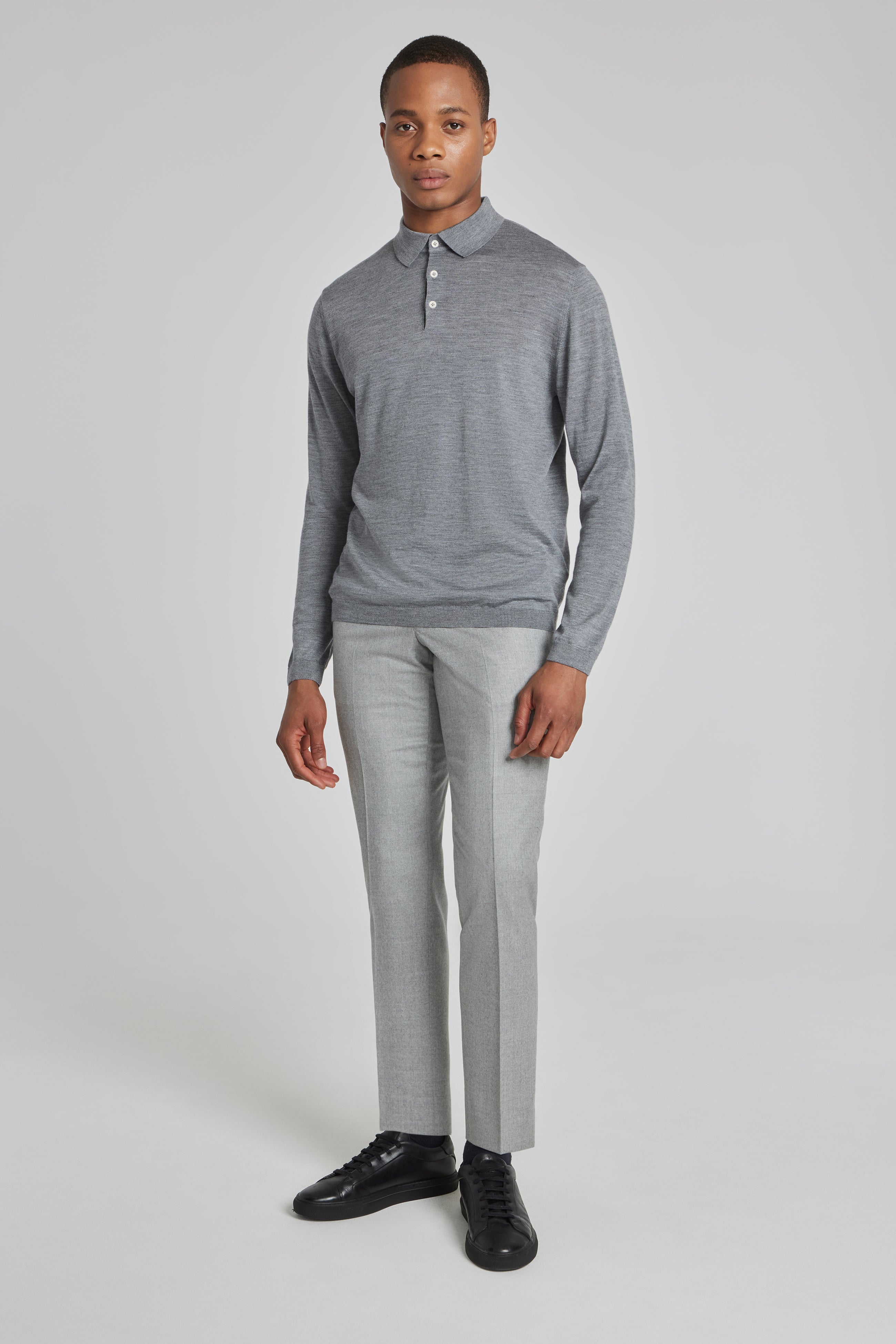 Alt view 2 Redfern Wool, Silk and Cashmere Long Sleeve Polo in Grey