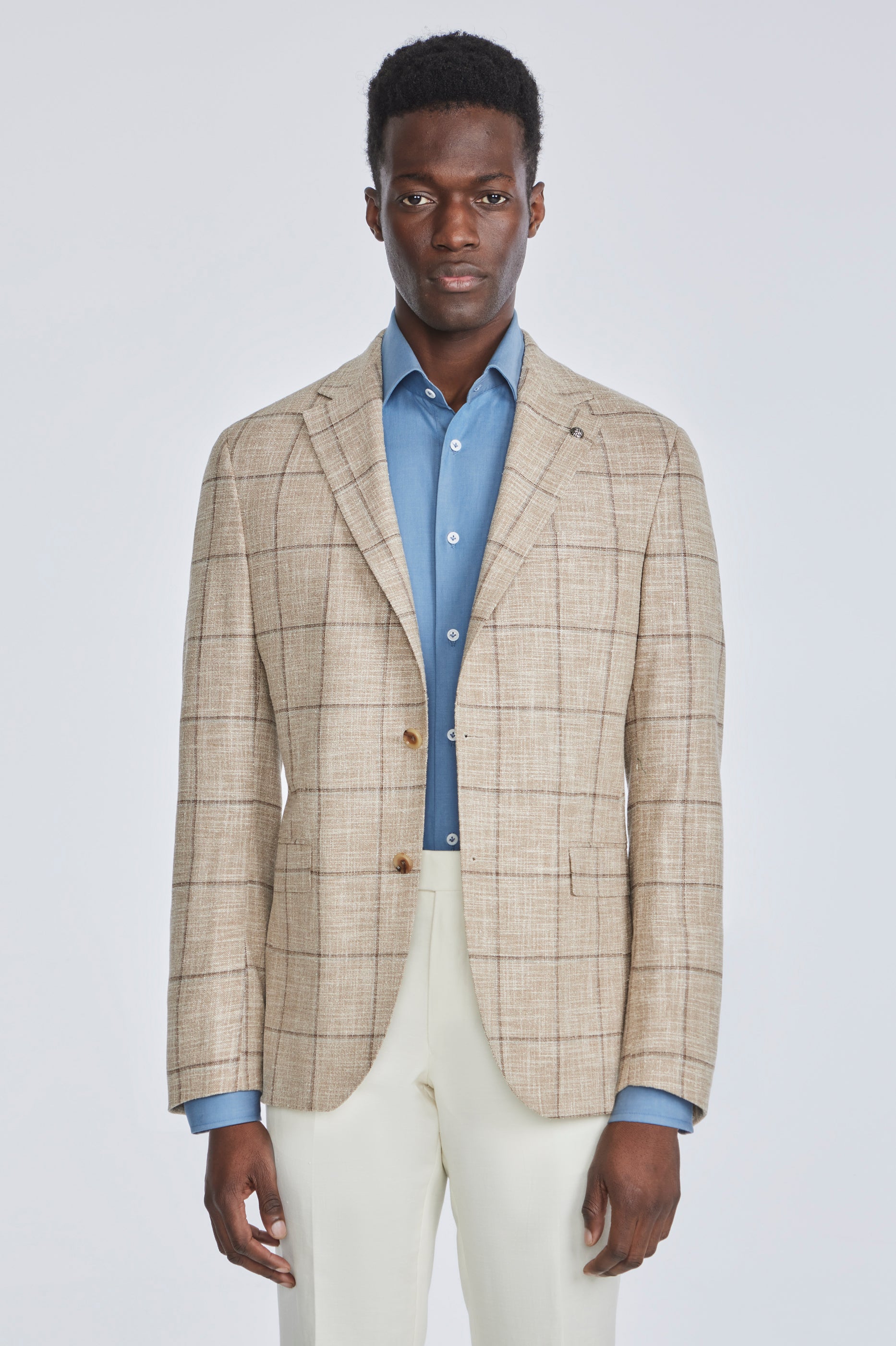 Alt view Midland Windowpane Wool, Silk and Cotton Stretch Blazer in Tan