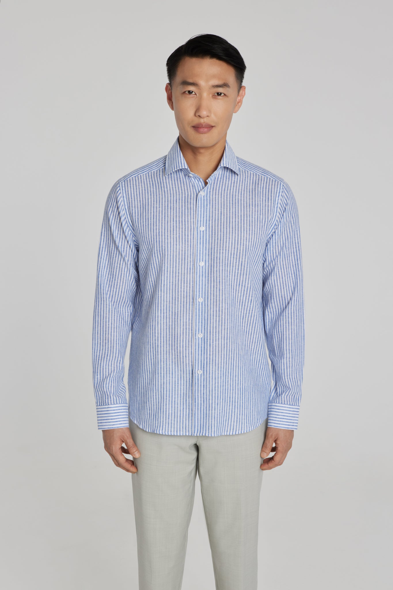 Alt view 2 Striped Linen and Cotton Shirt in Blue and White