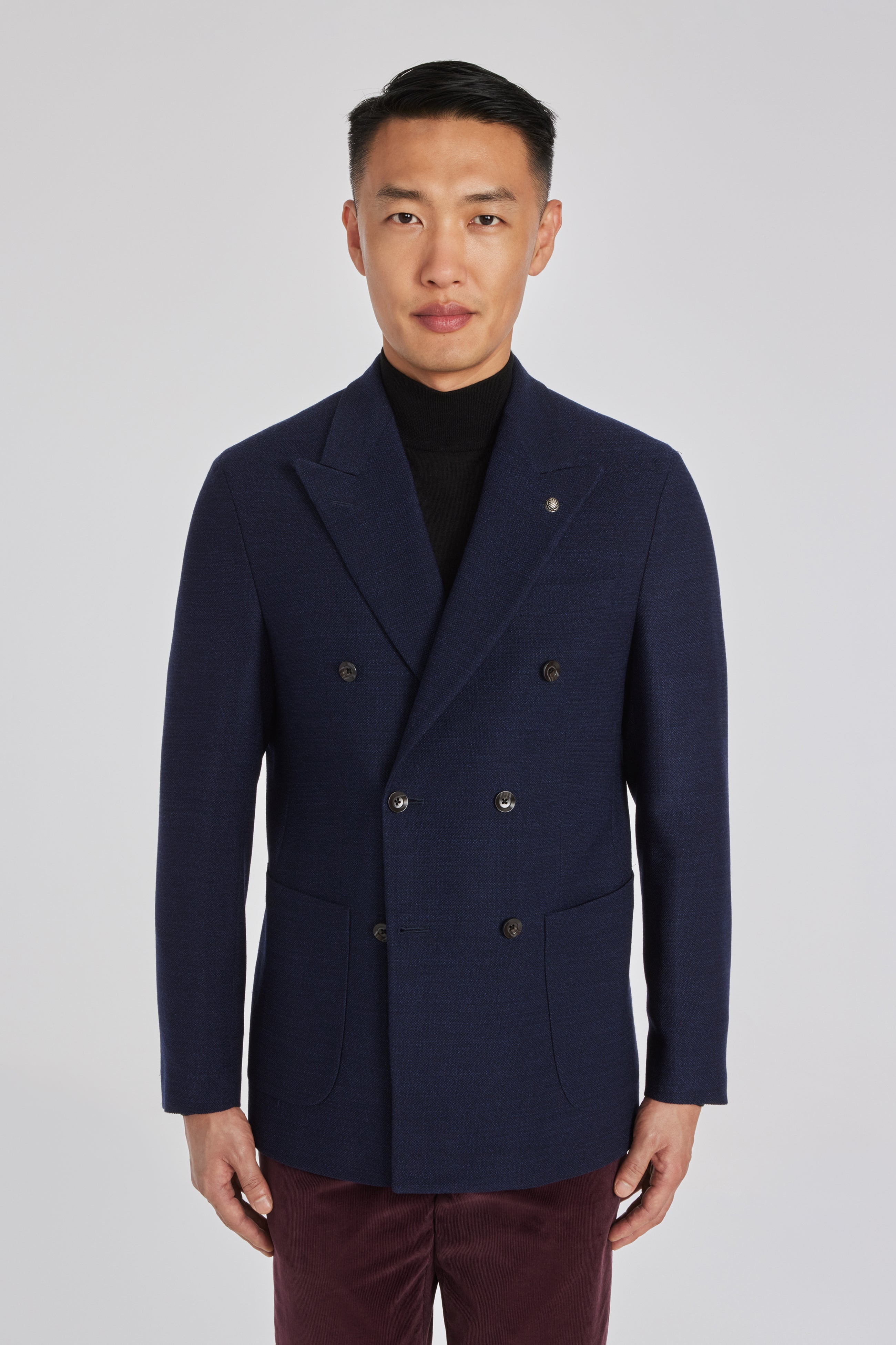 Hill Navy Solid Wool and Lycra Blazer