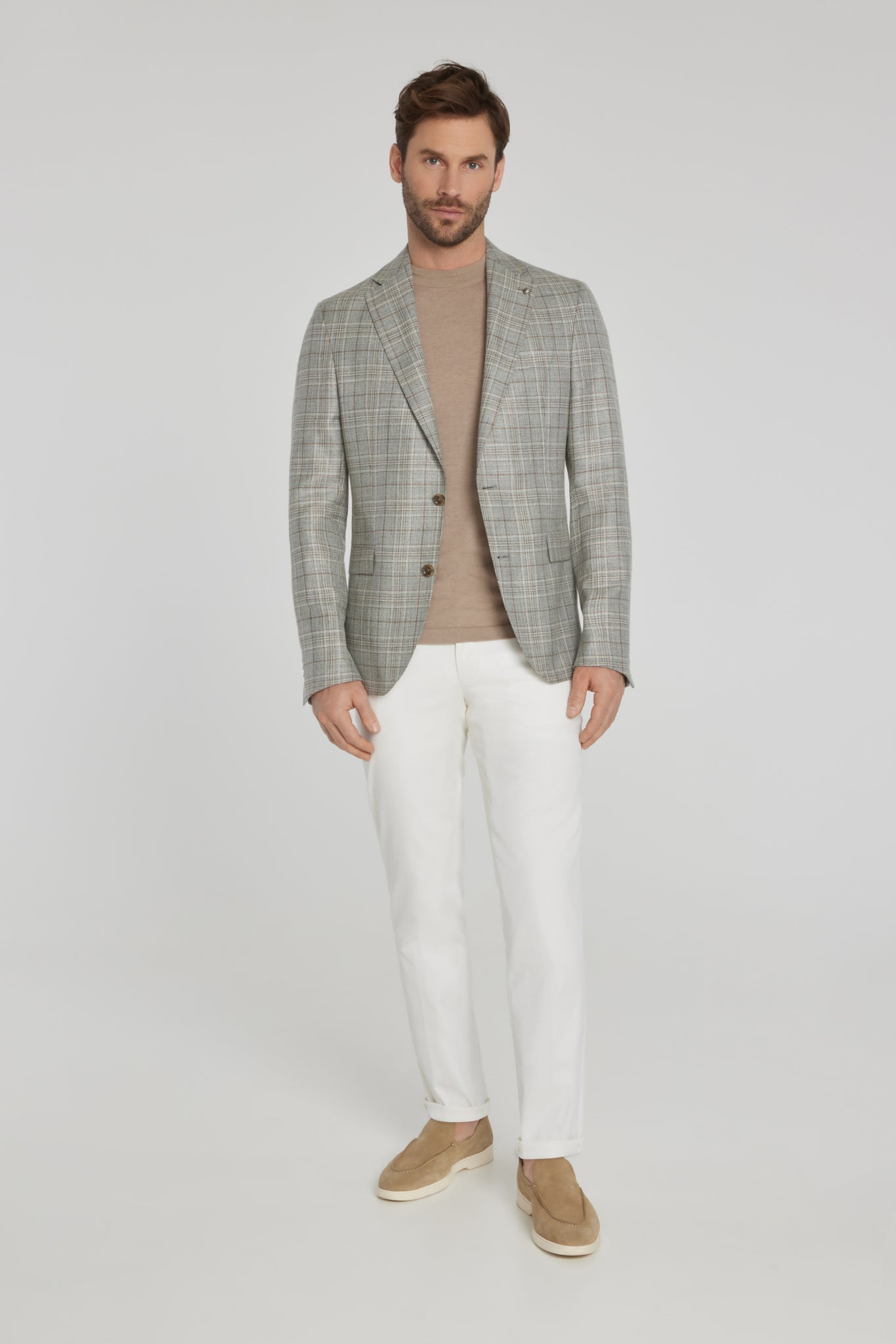 Image of Grey Plaid Midland Wool, Silk and Linen Blazer-Jack Victor
