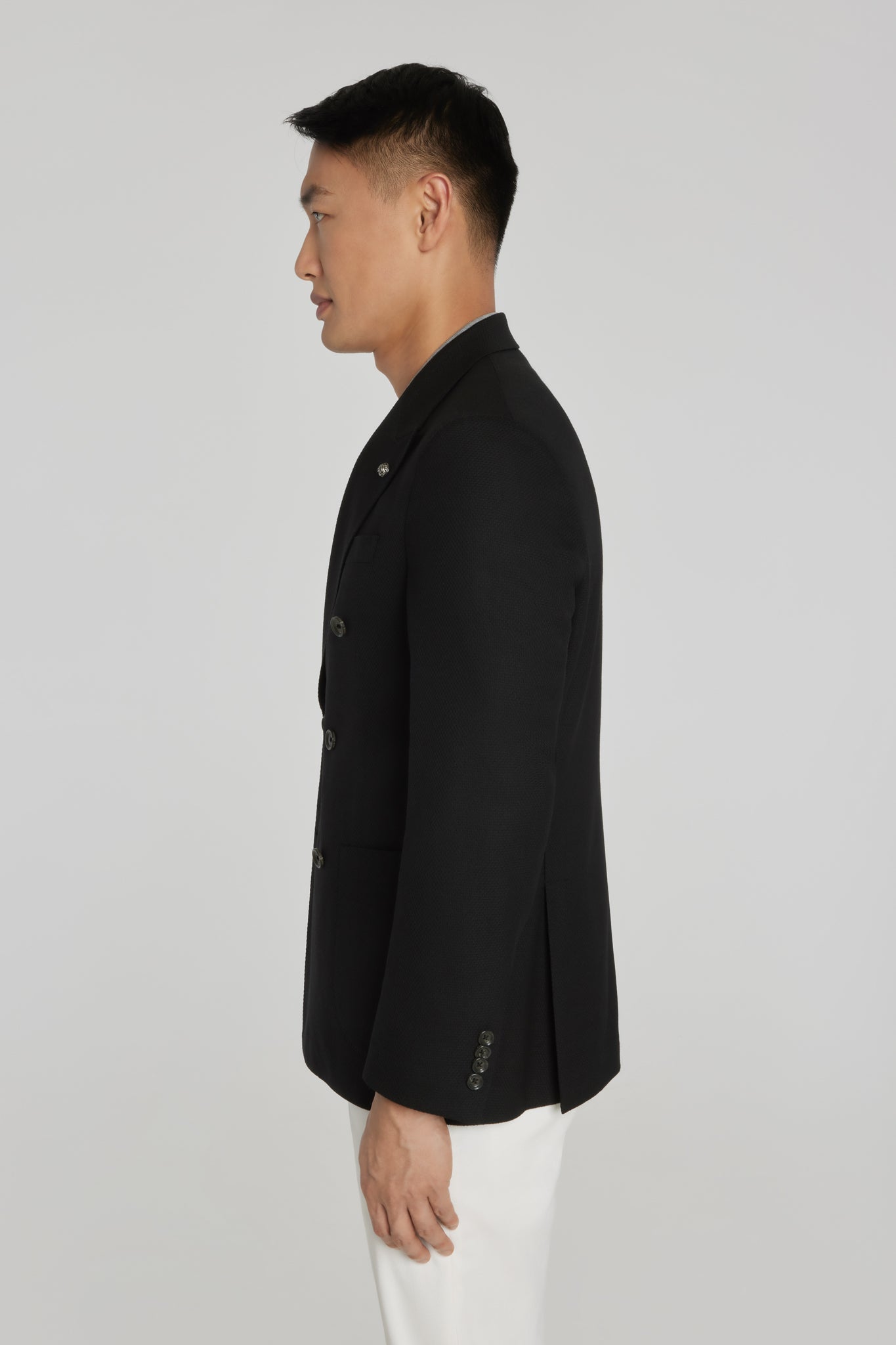 Black Textured Hill Double Breasted Knit Blazer
