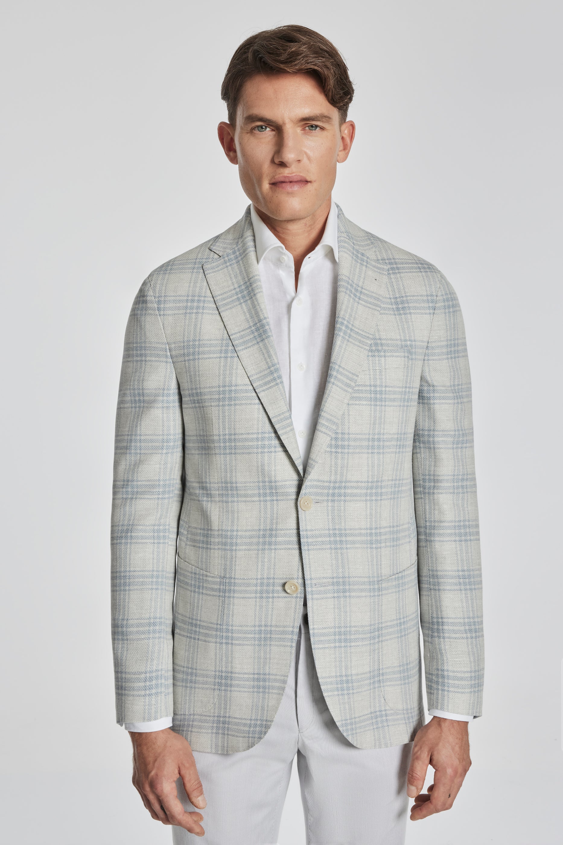 Alt view Hampton Plaid Wool, Linen, Cotton and Silk Stretch Blazer in Light Grey