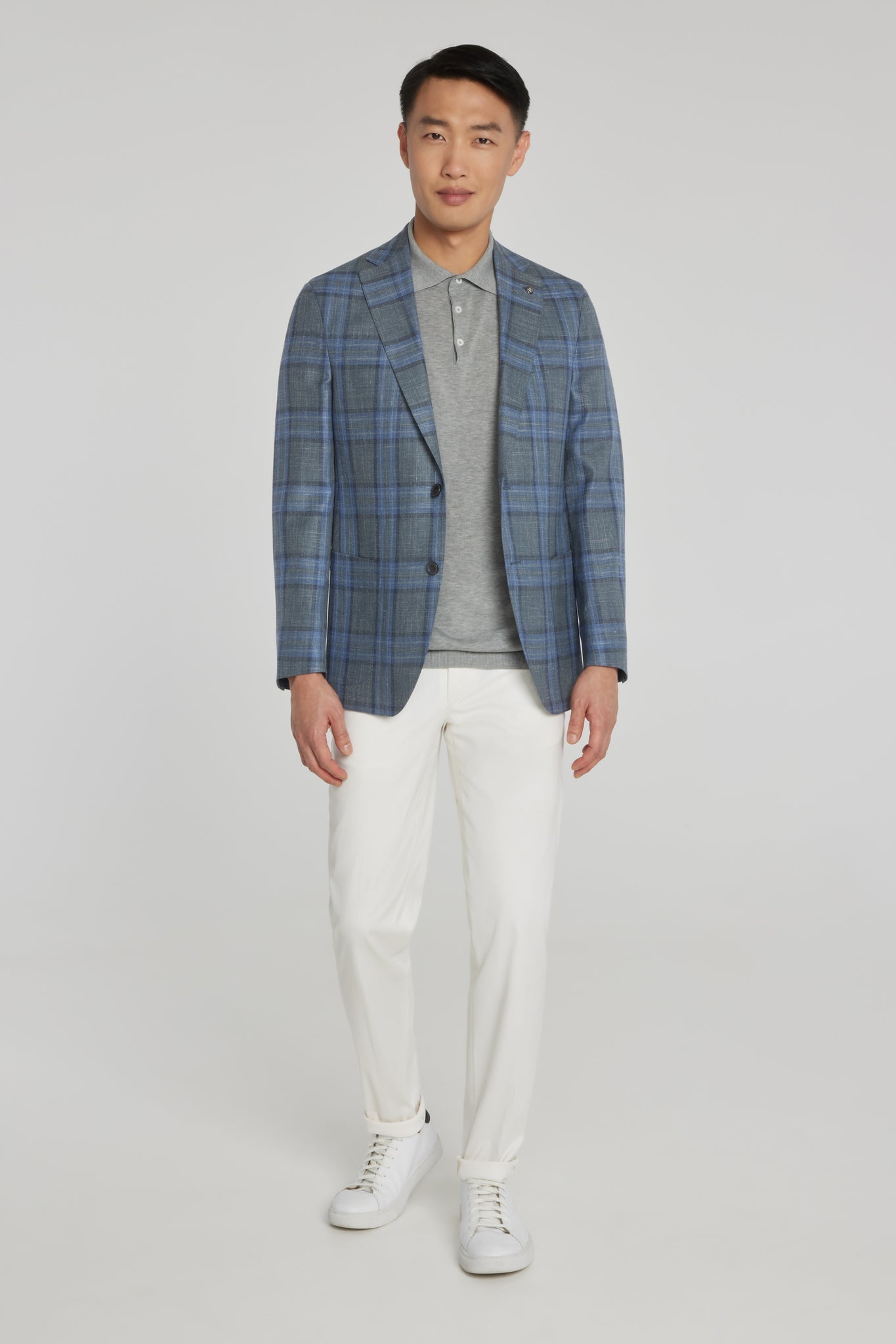 Grey Plaid Hampton Knit Wool, Silk and Linen Blazer