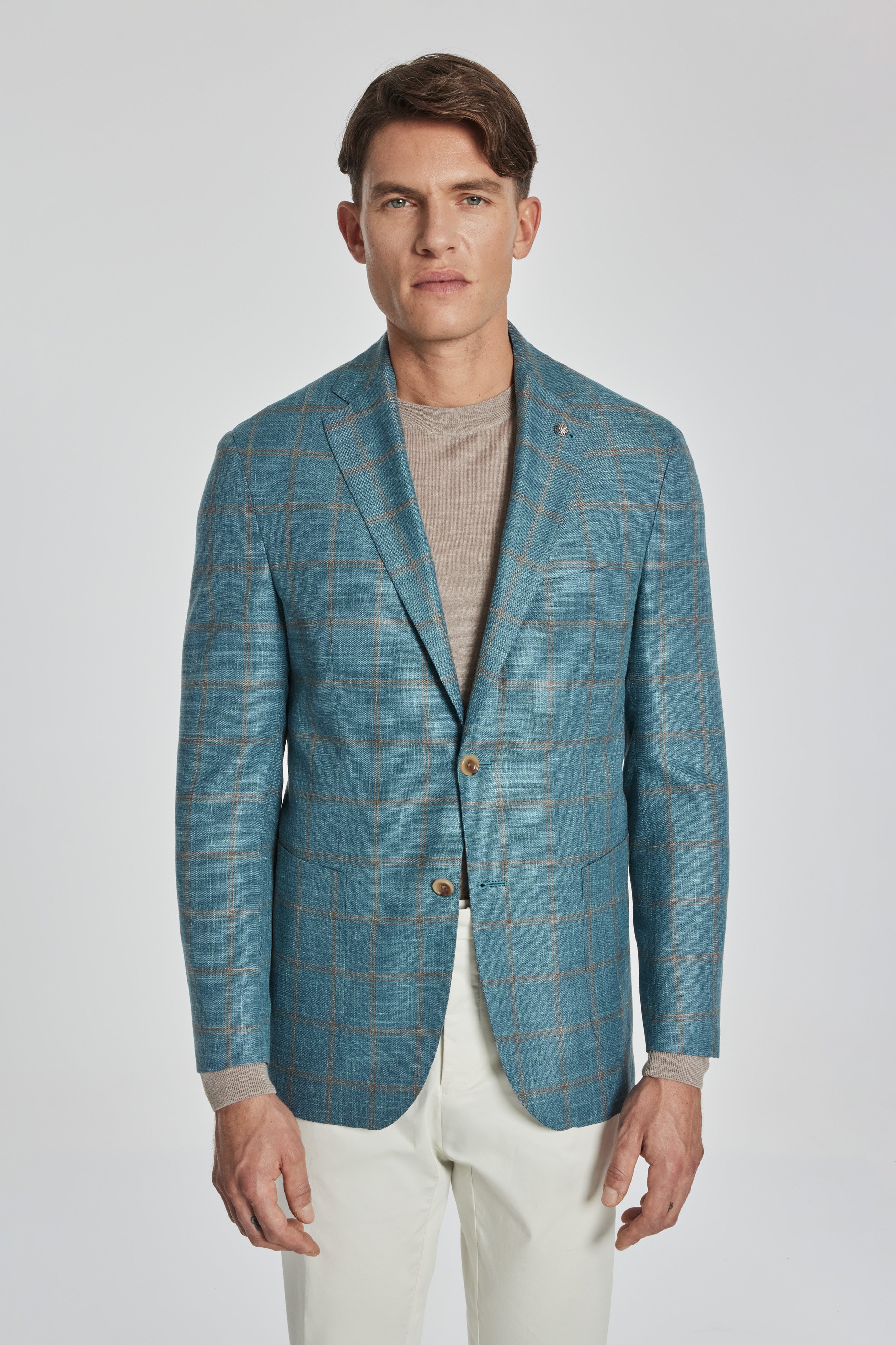 Alt view Hampton Windowpane Wool, Silk and Linen Stretch Blazer in Teal