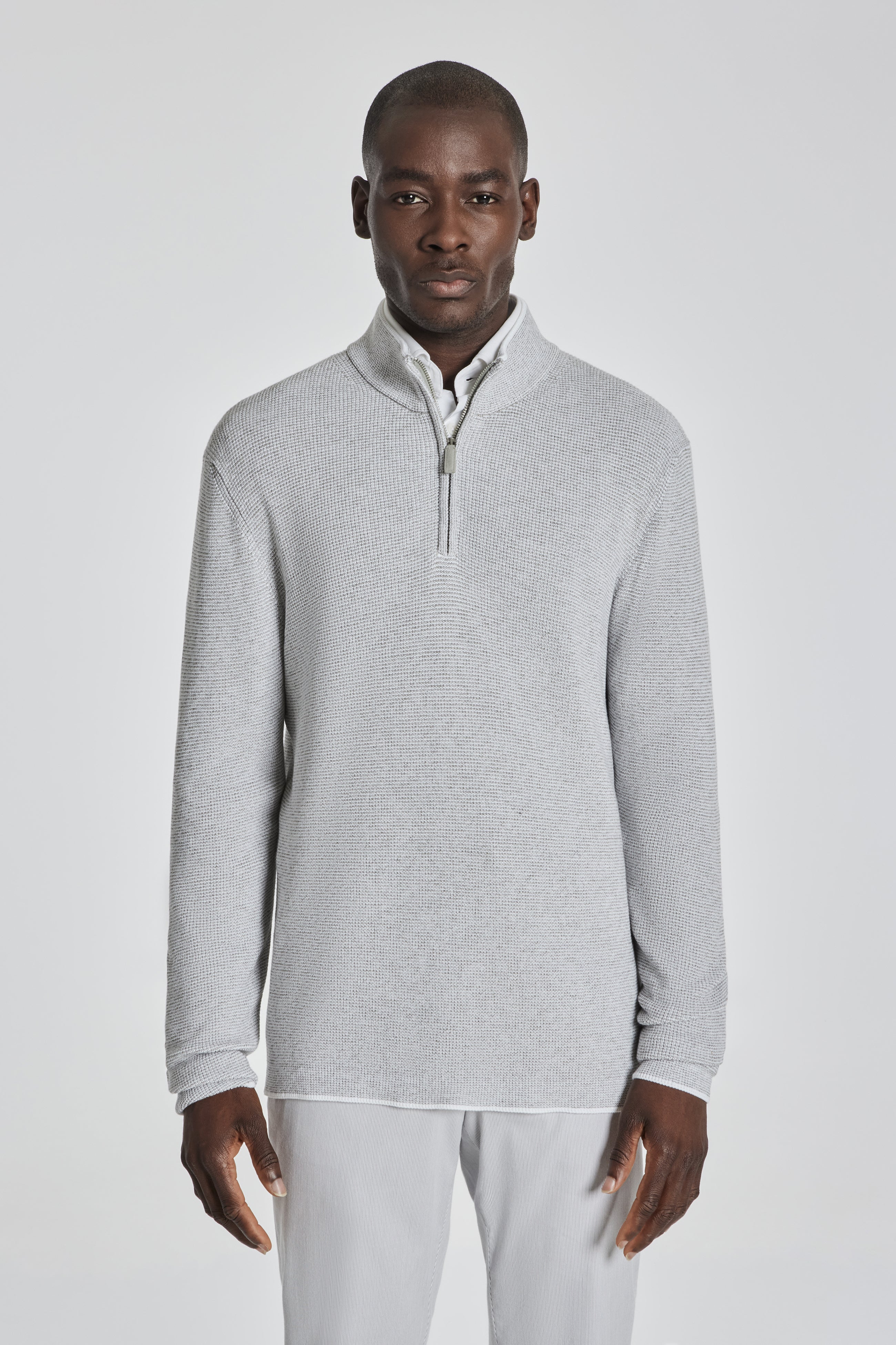 Alt view Daulac Melange Cotton Quarter Zip Sweater in Pale Grey