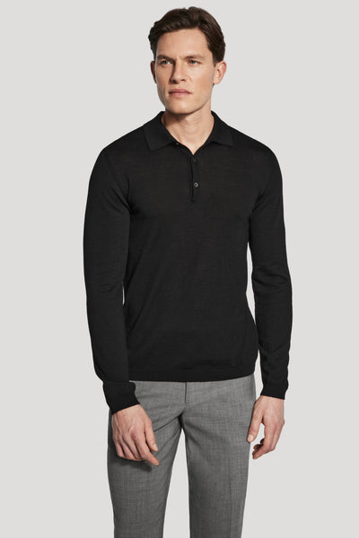 Black Long Sleeve Polo - Merino Wool and Silk Blend | Jack Victor