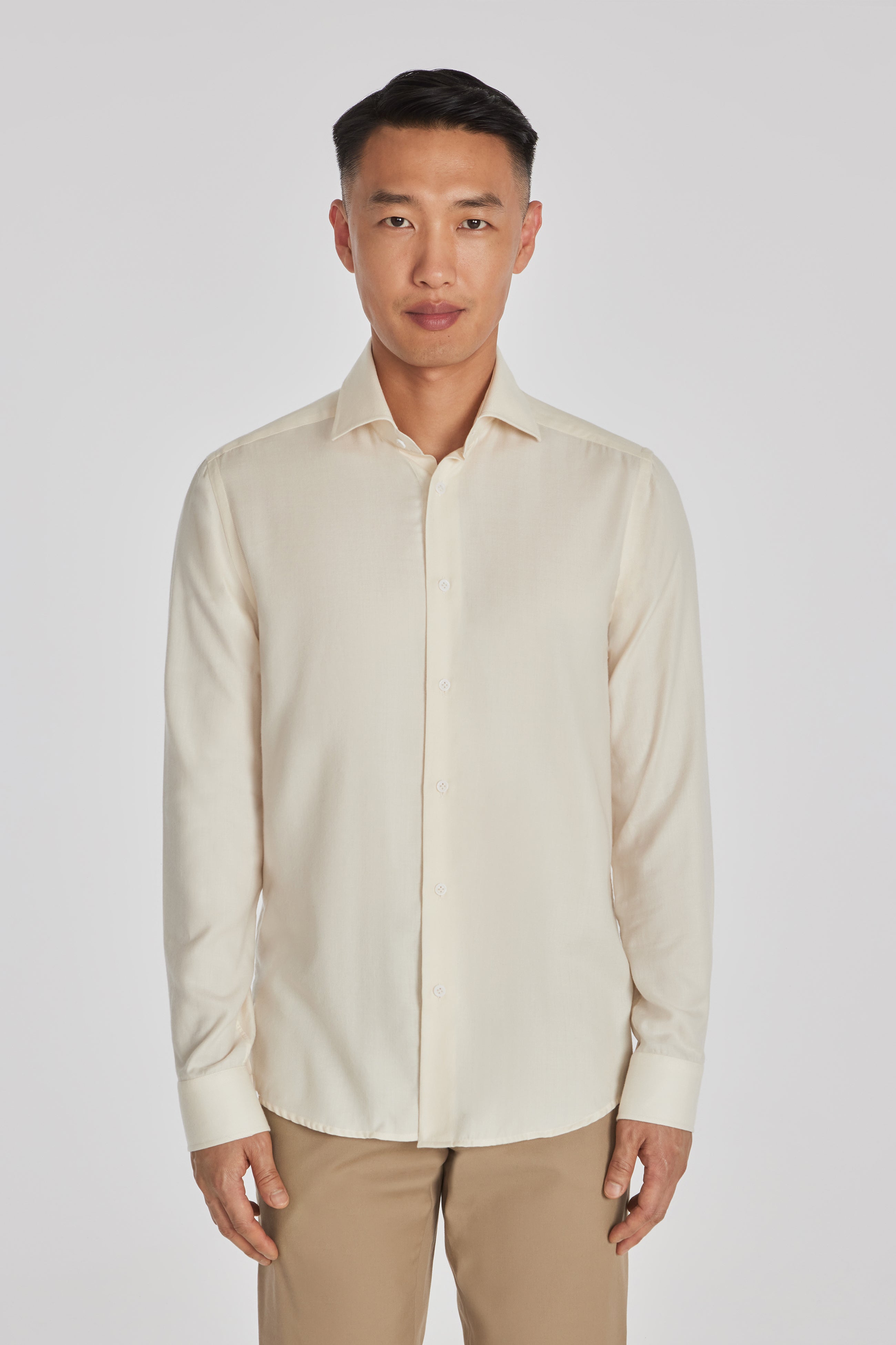 Image of Herringbone Cotton and Lyocell Shirt in Ecru-Jack Victor