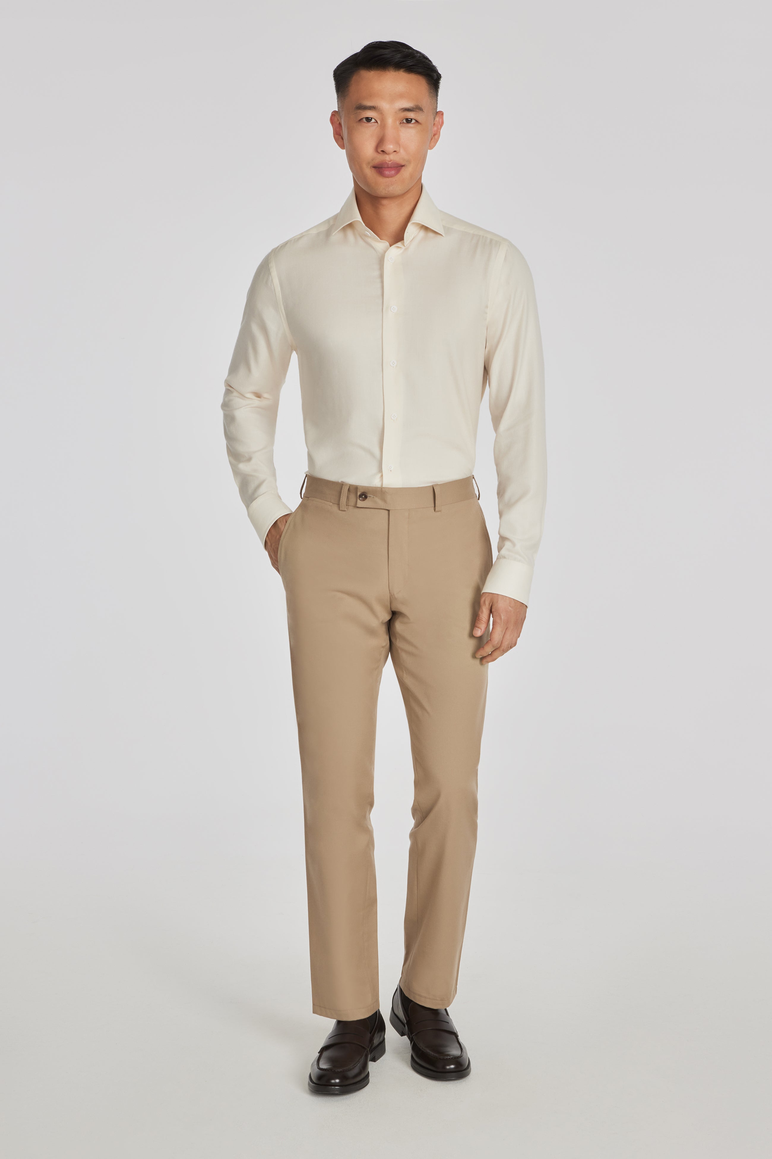 Bellamy Ecru Herringbone Cotton and Lyocell Shirt