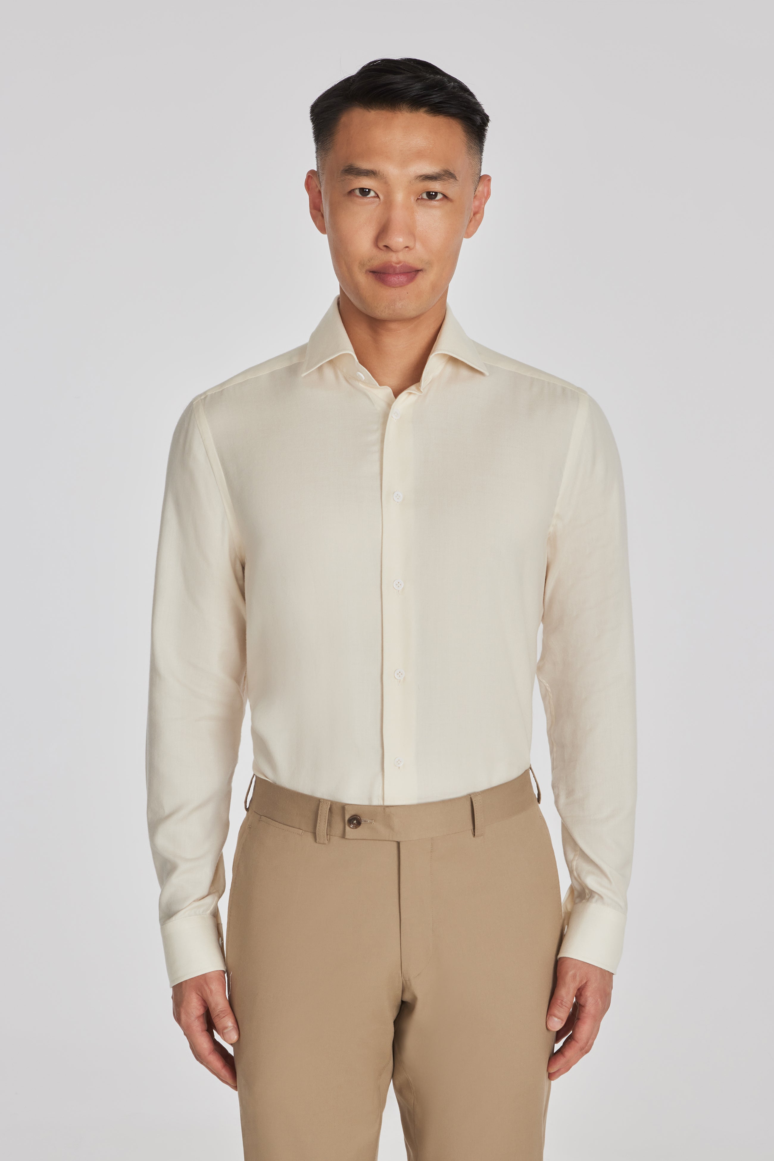 Bellamy Ecru Herringbone Cotton and Lyocell Shirt