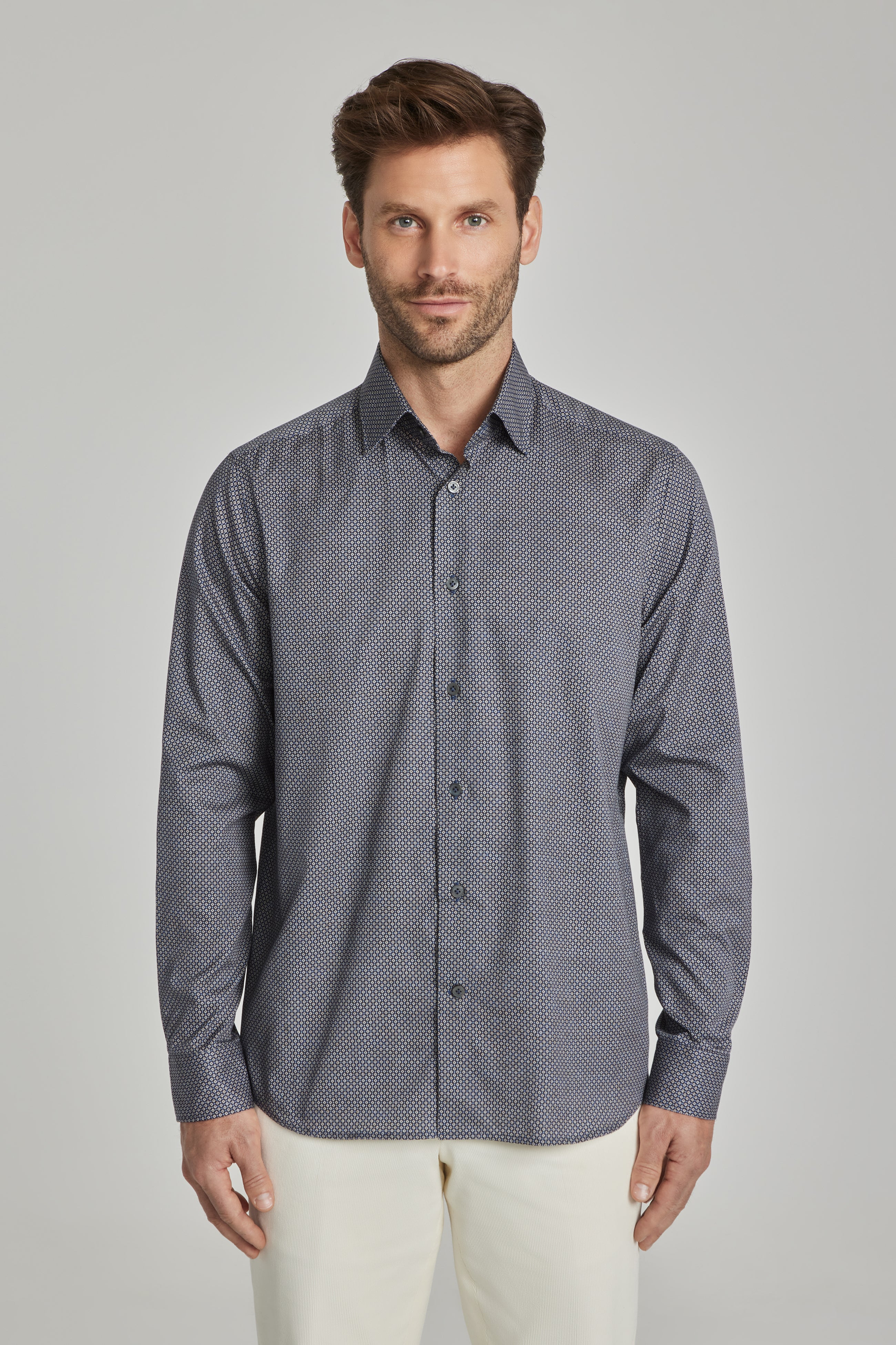 Alfonzo Navy Geometric Print Cotton Shirt