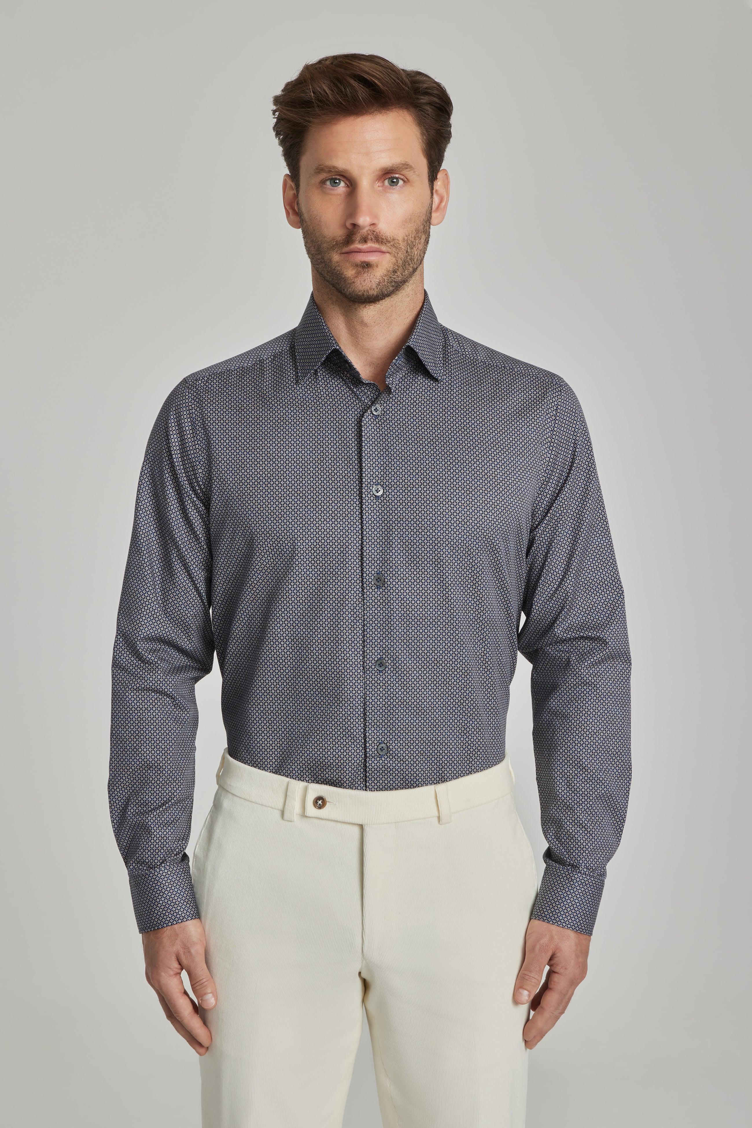 Alfonzo Navy Geometric Print Cotton Shirt