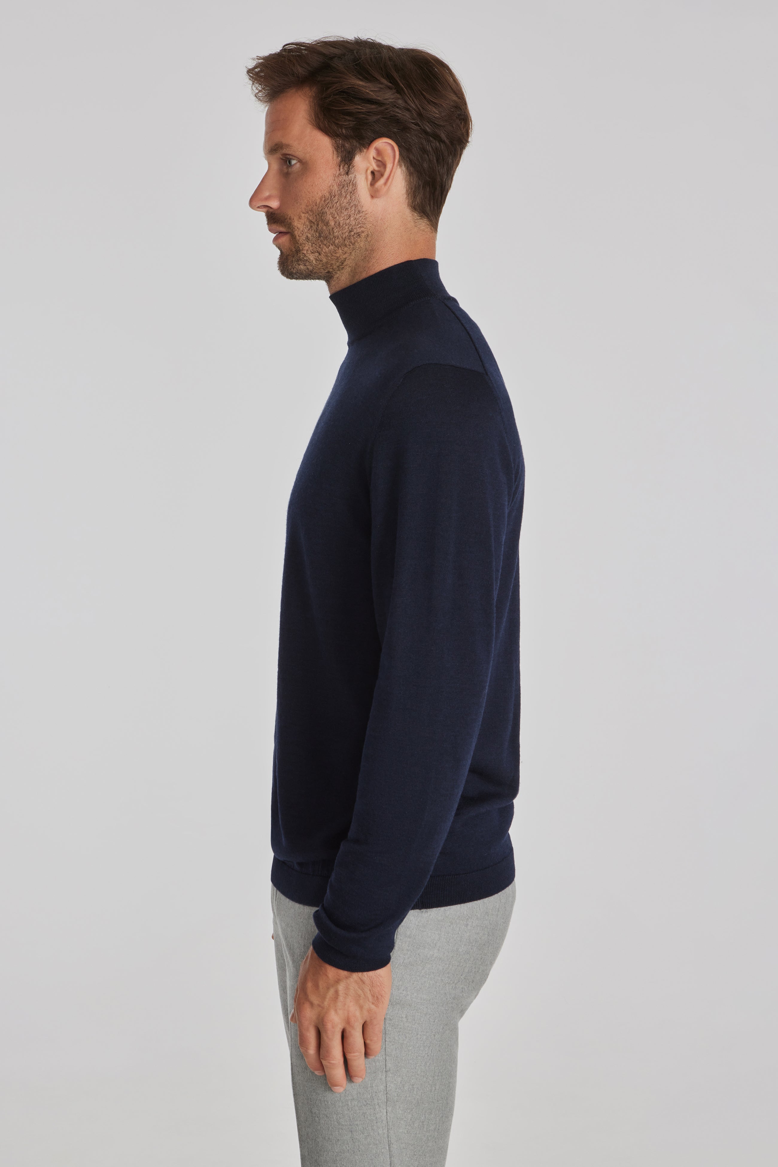 Alt view 2 Beaudry Wool, Silk and Cashmere Mock Neck Sweater in Navy