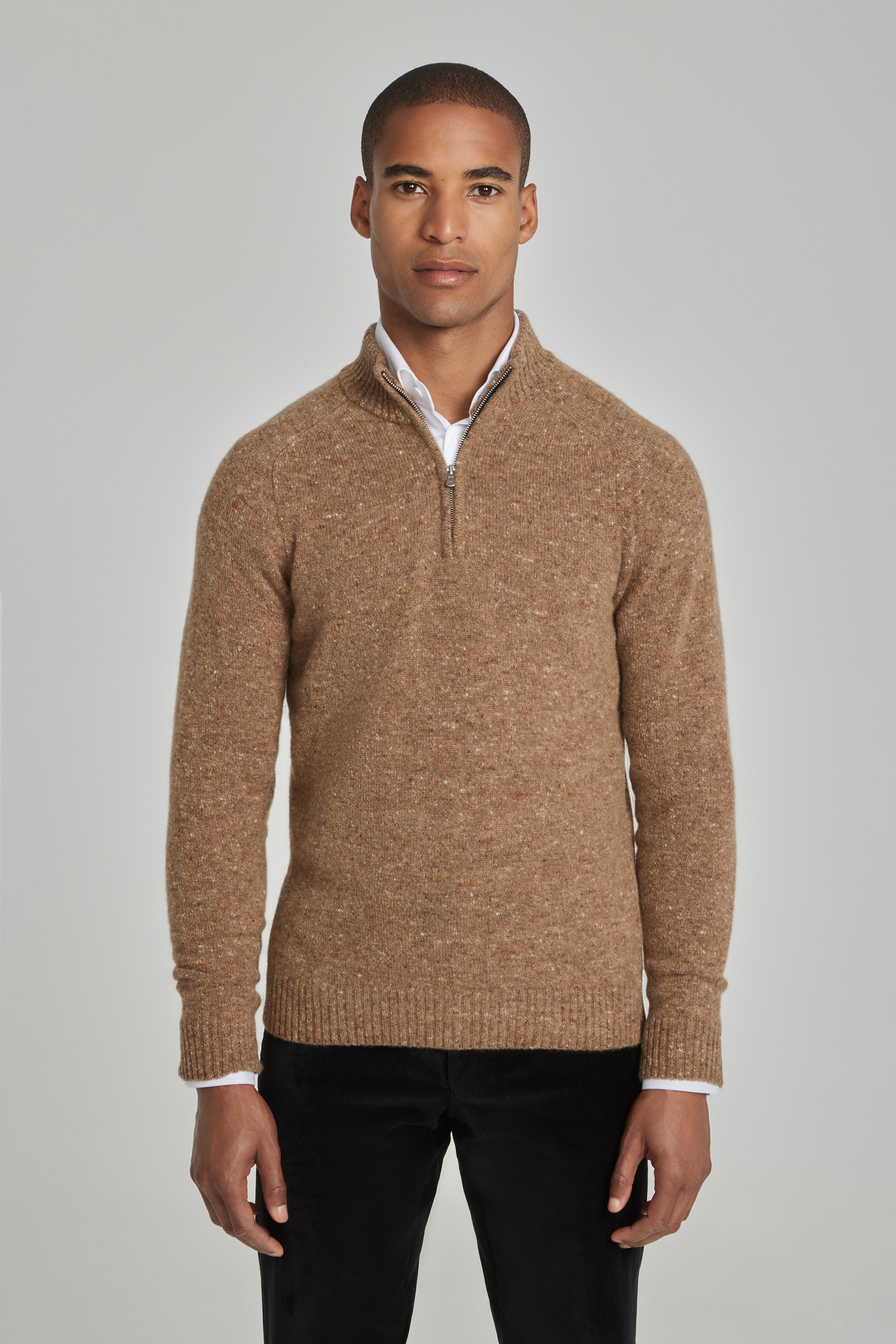 Canora Camel Donegal Lambswool and Cashmere Quarter Zip Sweater