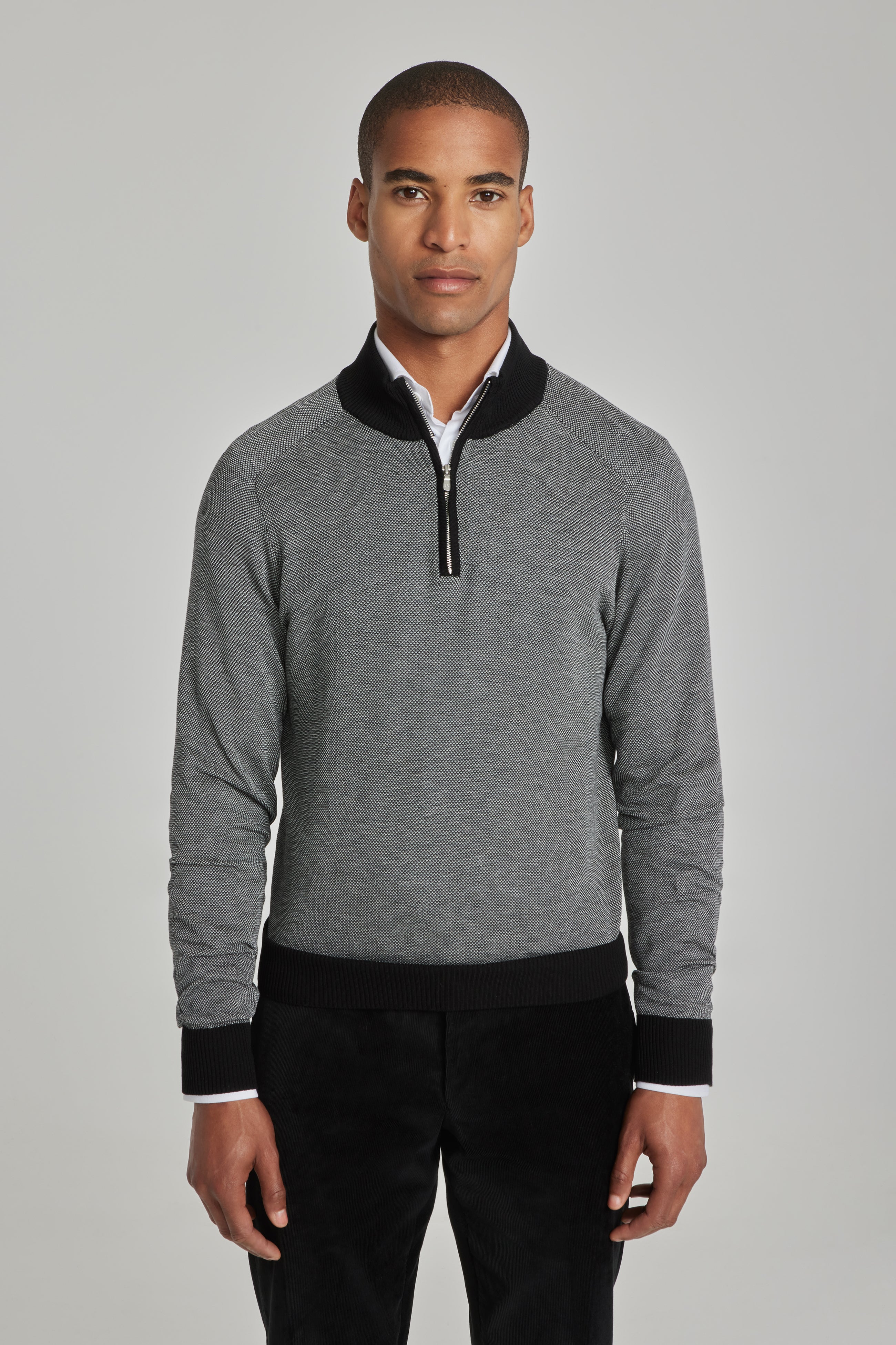 Valois Black Birdseye Cotton and Silk Quarter Zip Sweater
