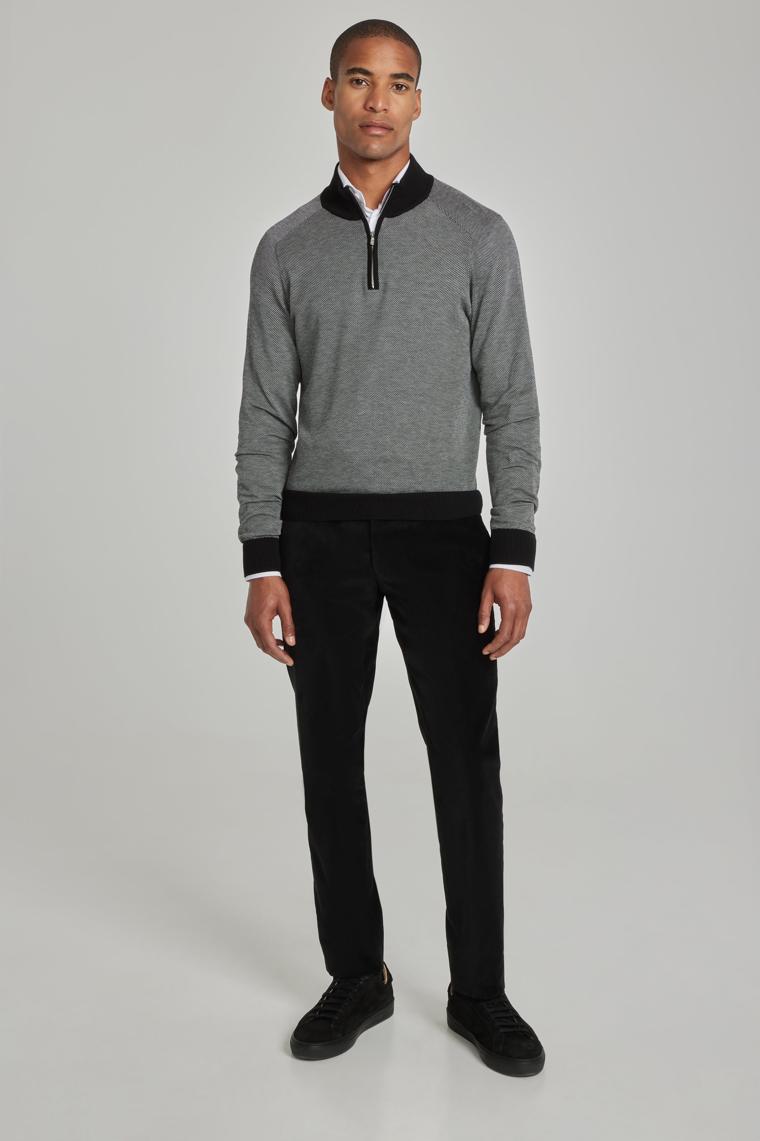 Image of Valois Black Birdseye Cotton and Silk Quarter Zip Sweater-Jack Victor