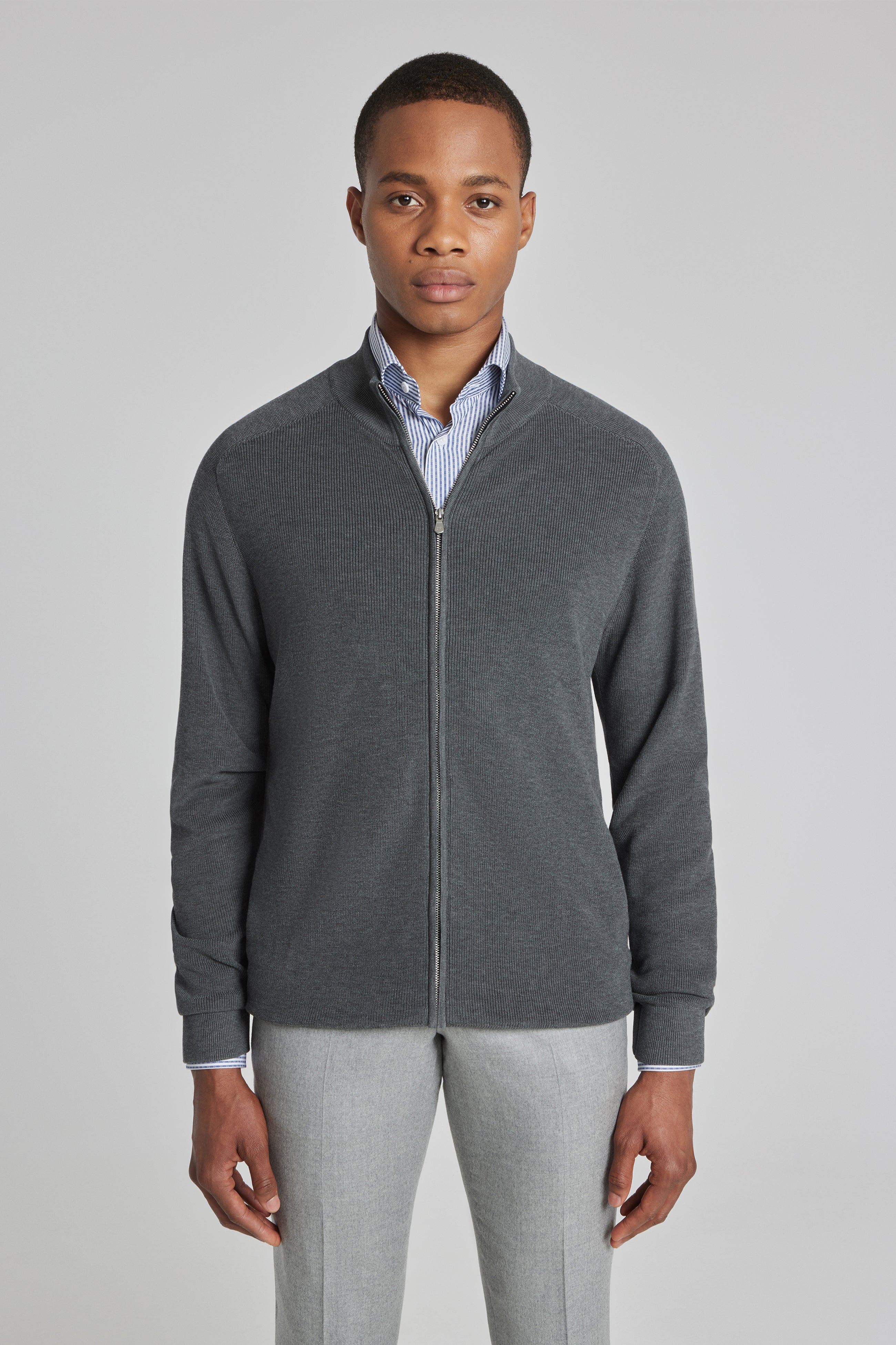 Alt view 1 Murray Solid Cotton and Silk Full Zip Sweater in Charcoal