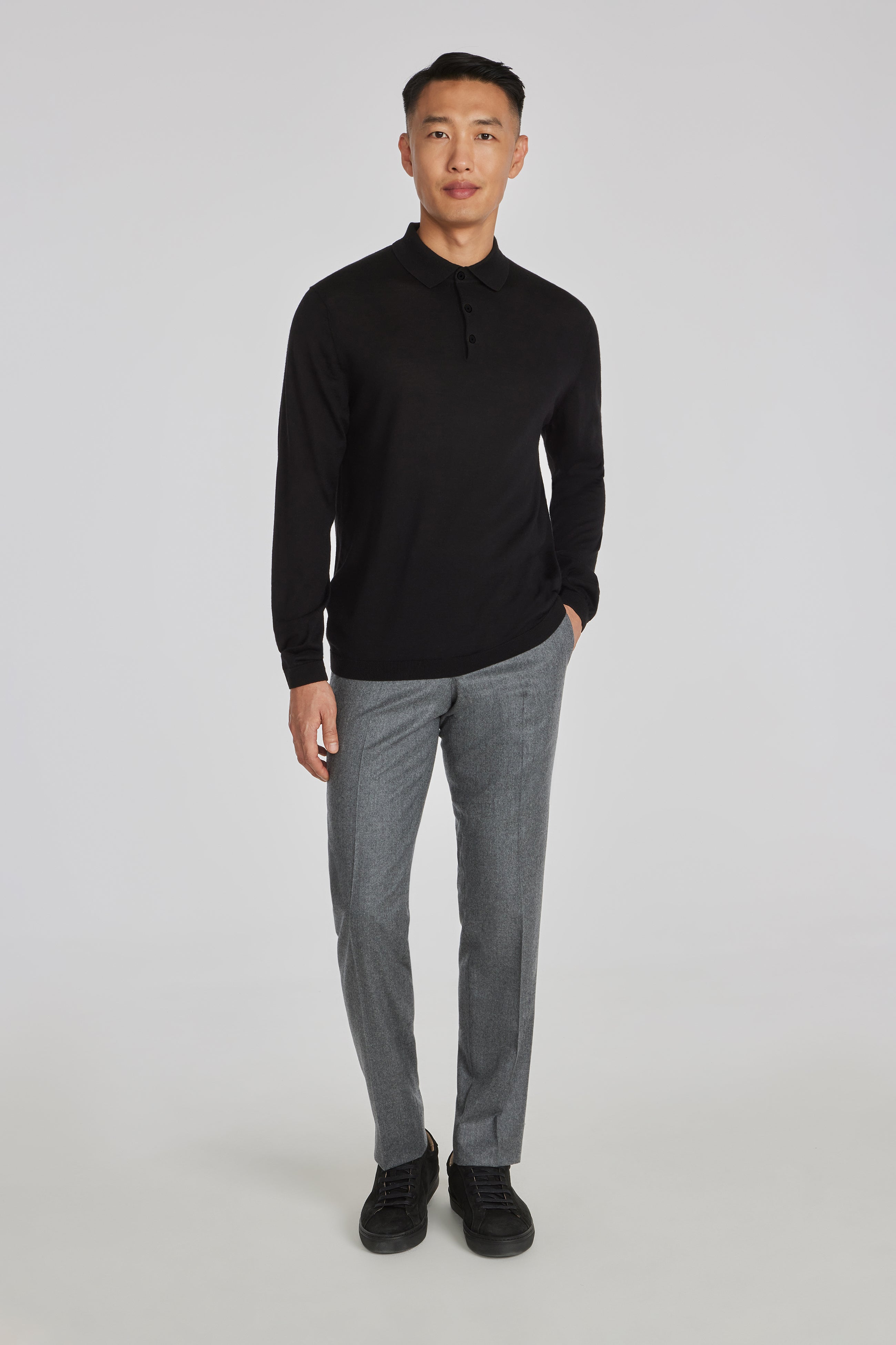 Alt view 2 Redfern Wool, Silk and Cashmere Long Sleeve Polo in Black