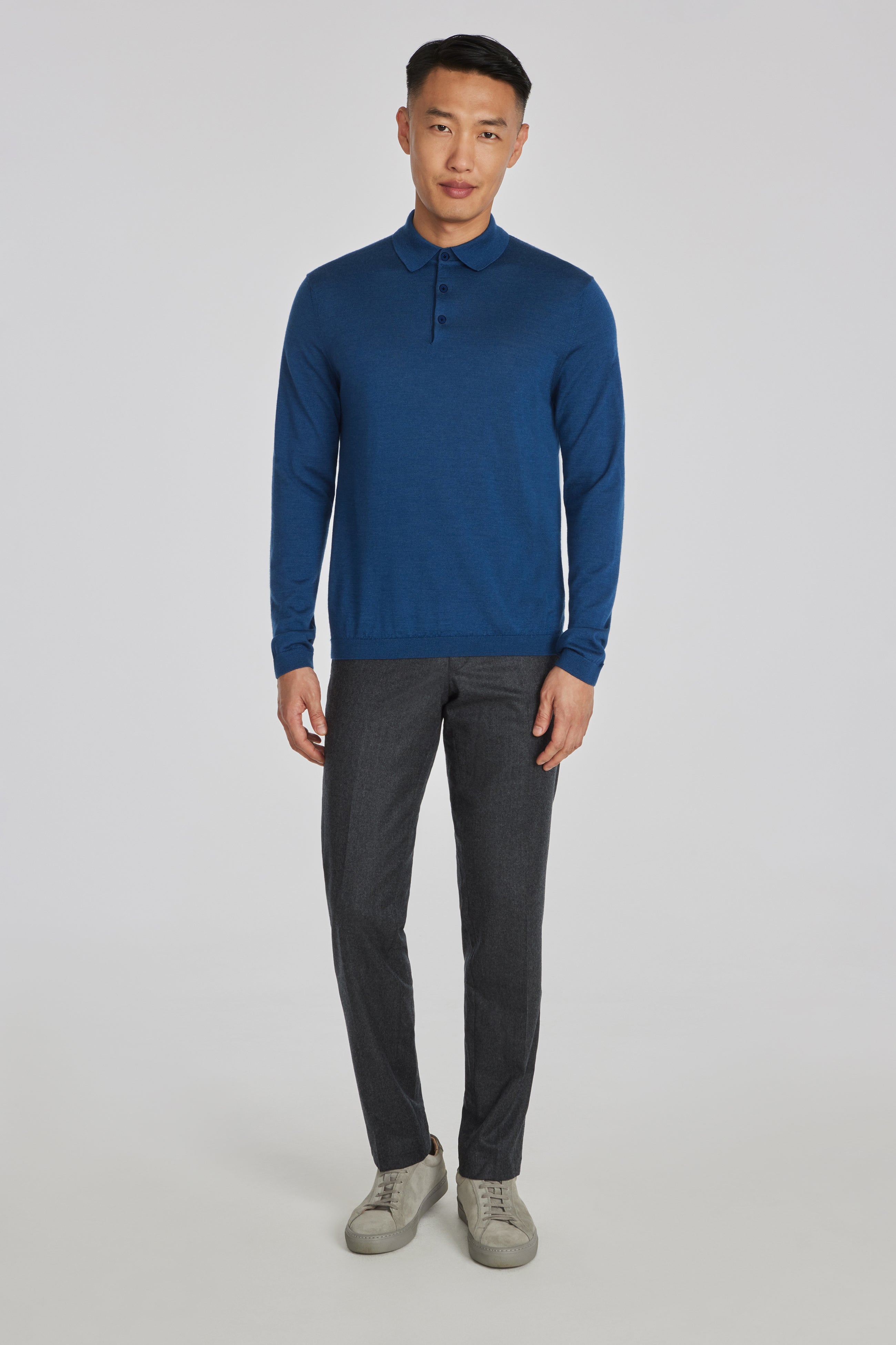 Alt view 2 Redfern Wool, Silk and Cashmere Long Sleeve Polo in Blue