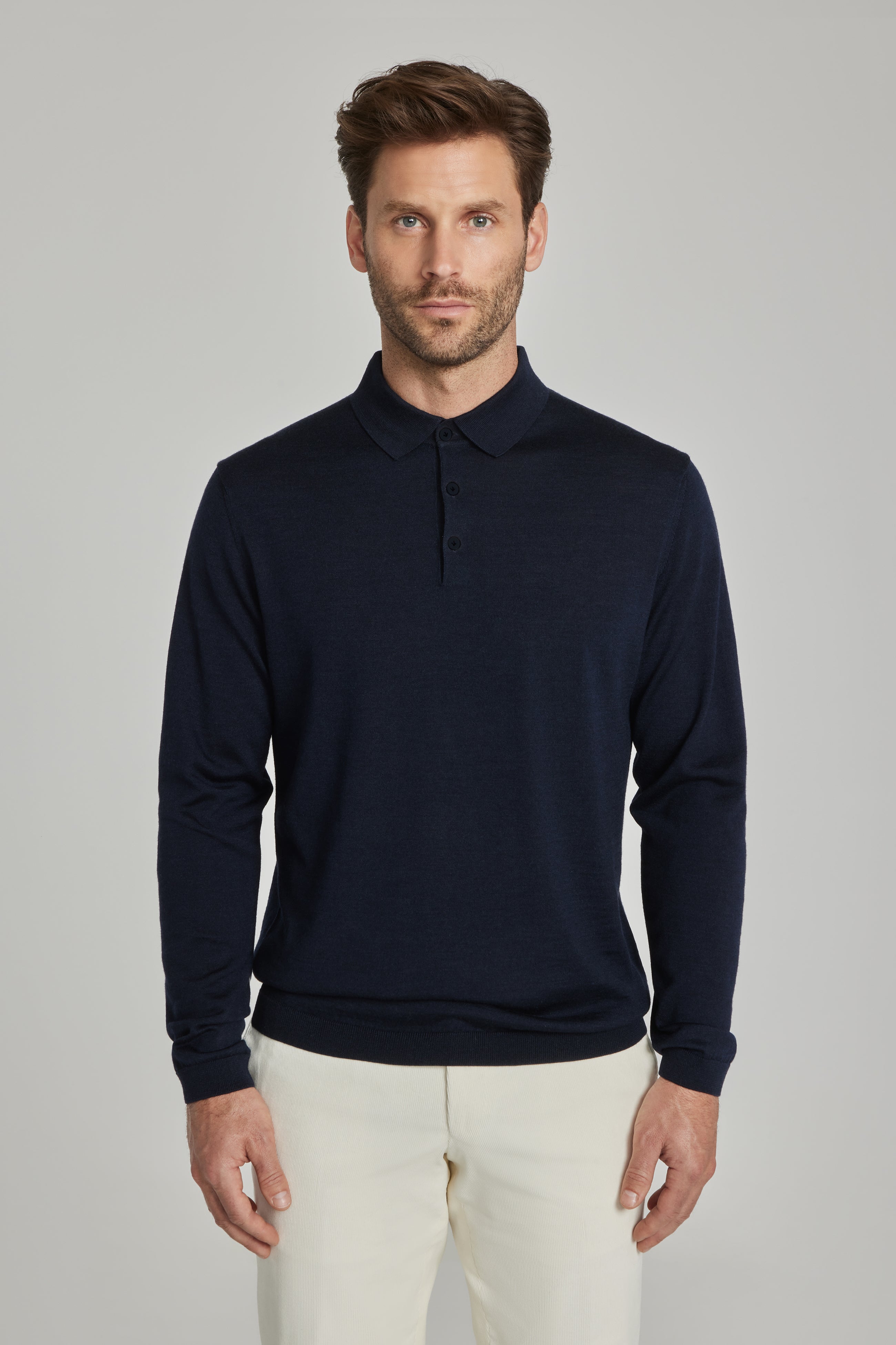 Redfern Navy Wool, Silk and Cashmere Long Sleeve Polo