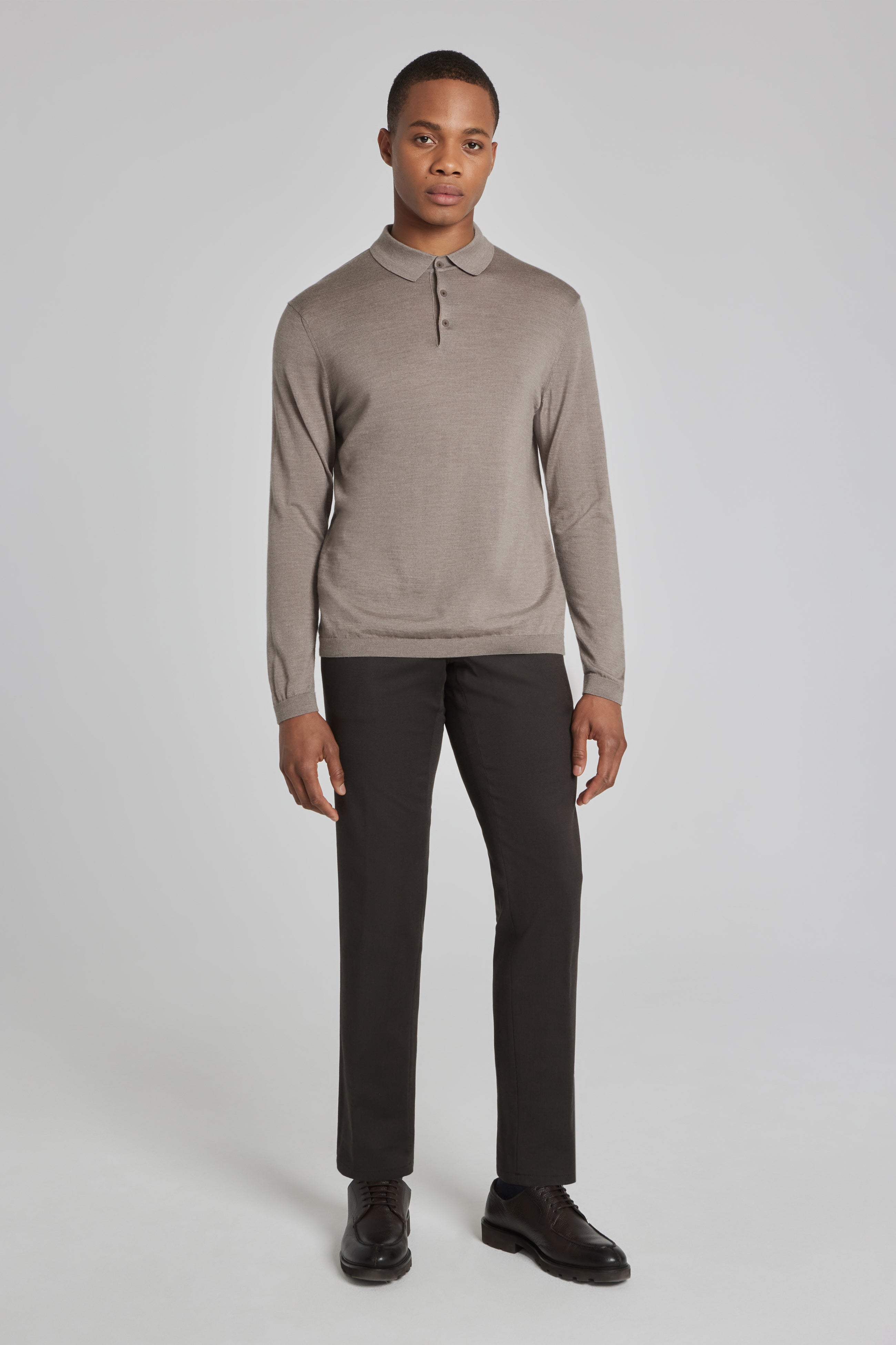 Alt view 2 Redfern Wool, Silk and Cashmere Long Sleeve Polo in Tan