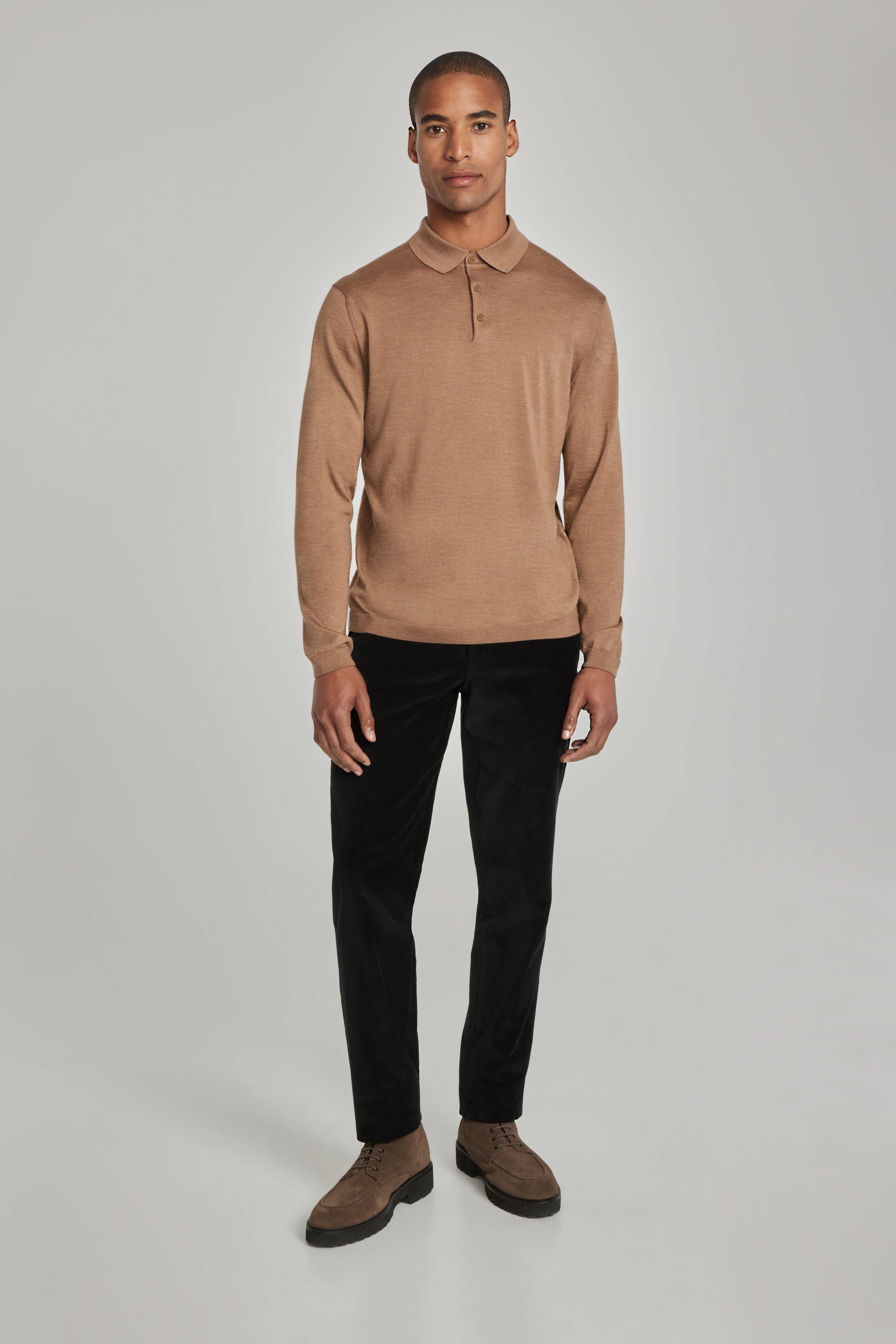 Alt view 3 Redfern Wool, Silk and Cashmere Long Sleeve Polo in Vicuna