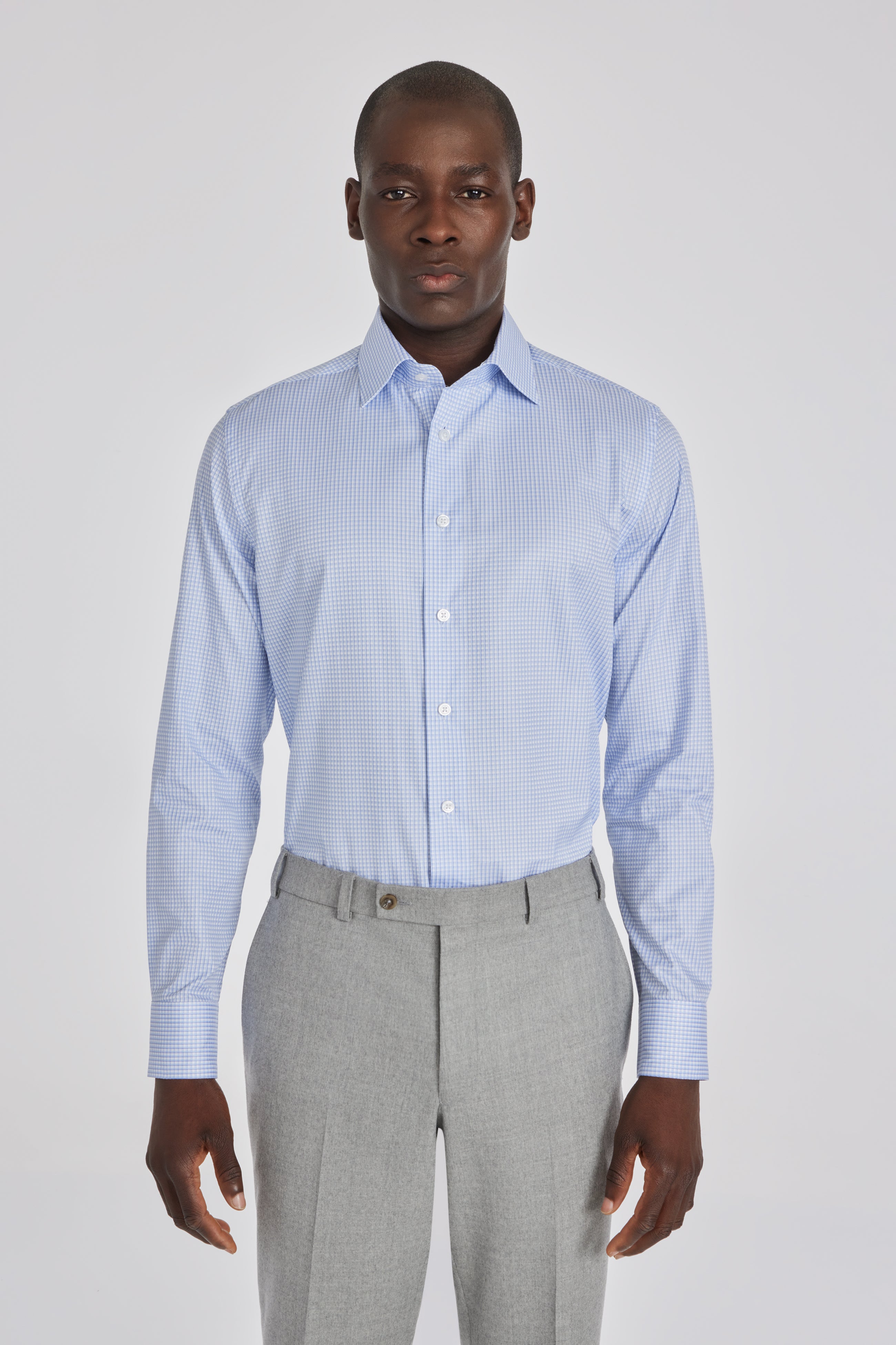 Alt view Box Check Cotton Dress Shirt in Blue and White