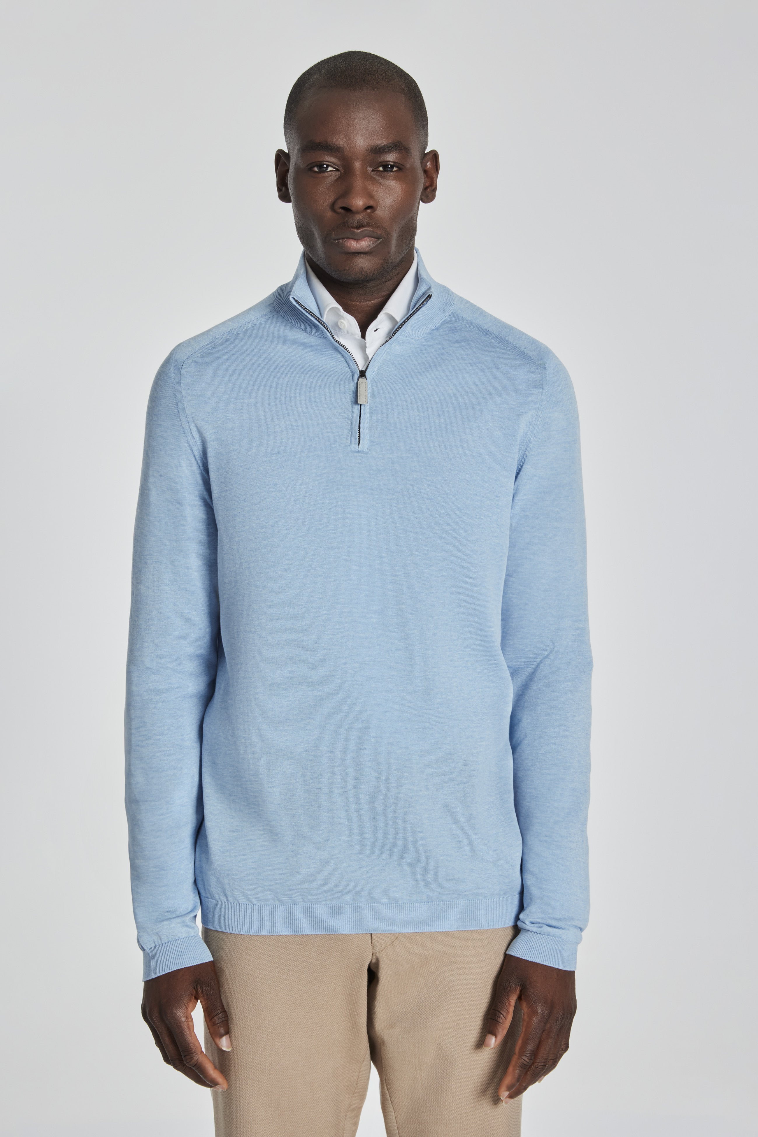 Alt view SetiCo Solid Cotton and Silk Quarter Zip Sweater in Sky Blue