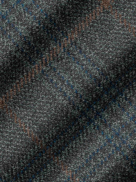 Olive and brown plaid blazer fabric with textured herringbone weave and blue accent stripes.
