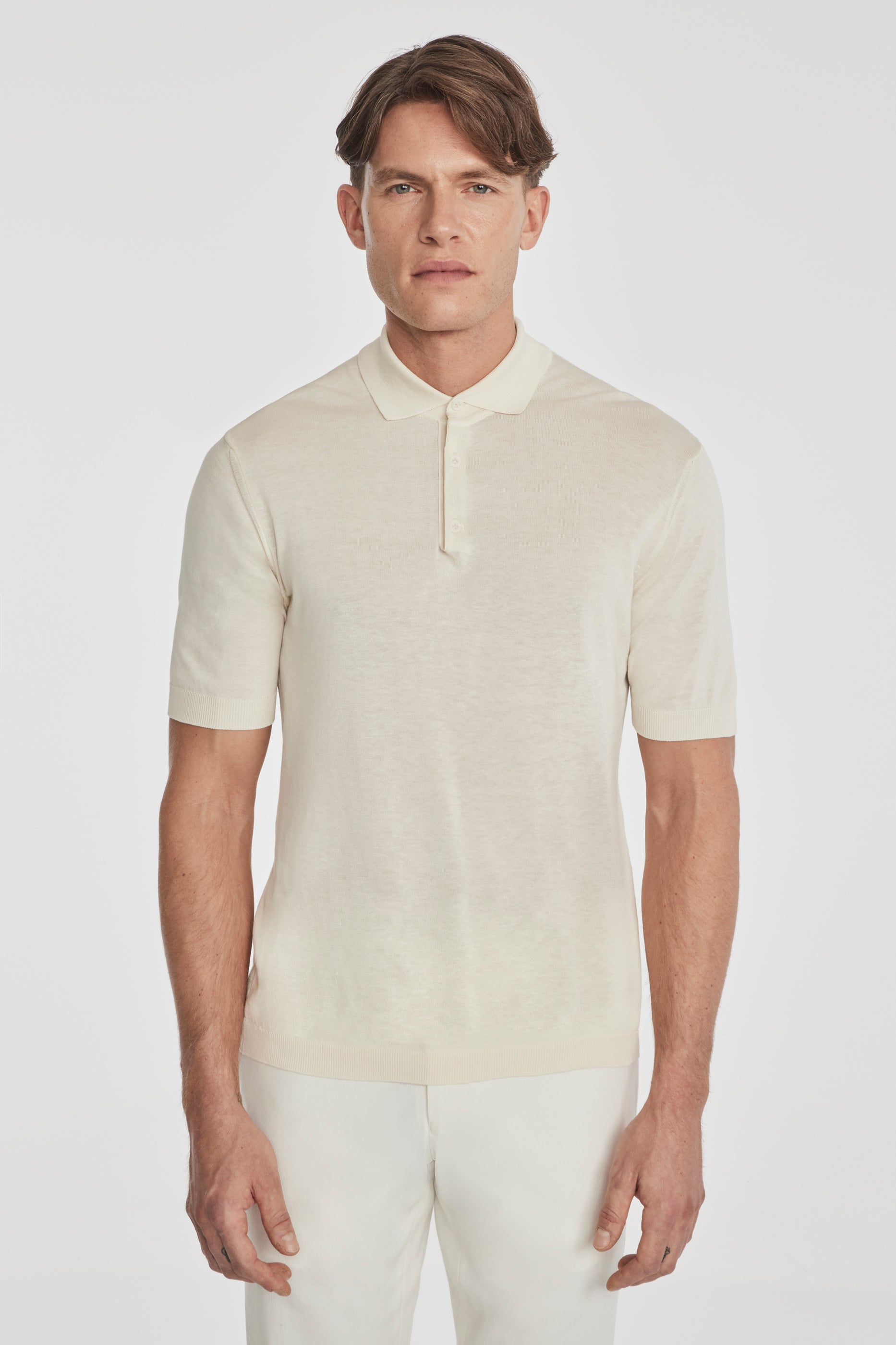 Image of SetiCo Cotton and Silk Knit Polo in Ecru-Jack Victor