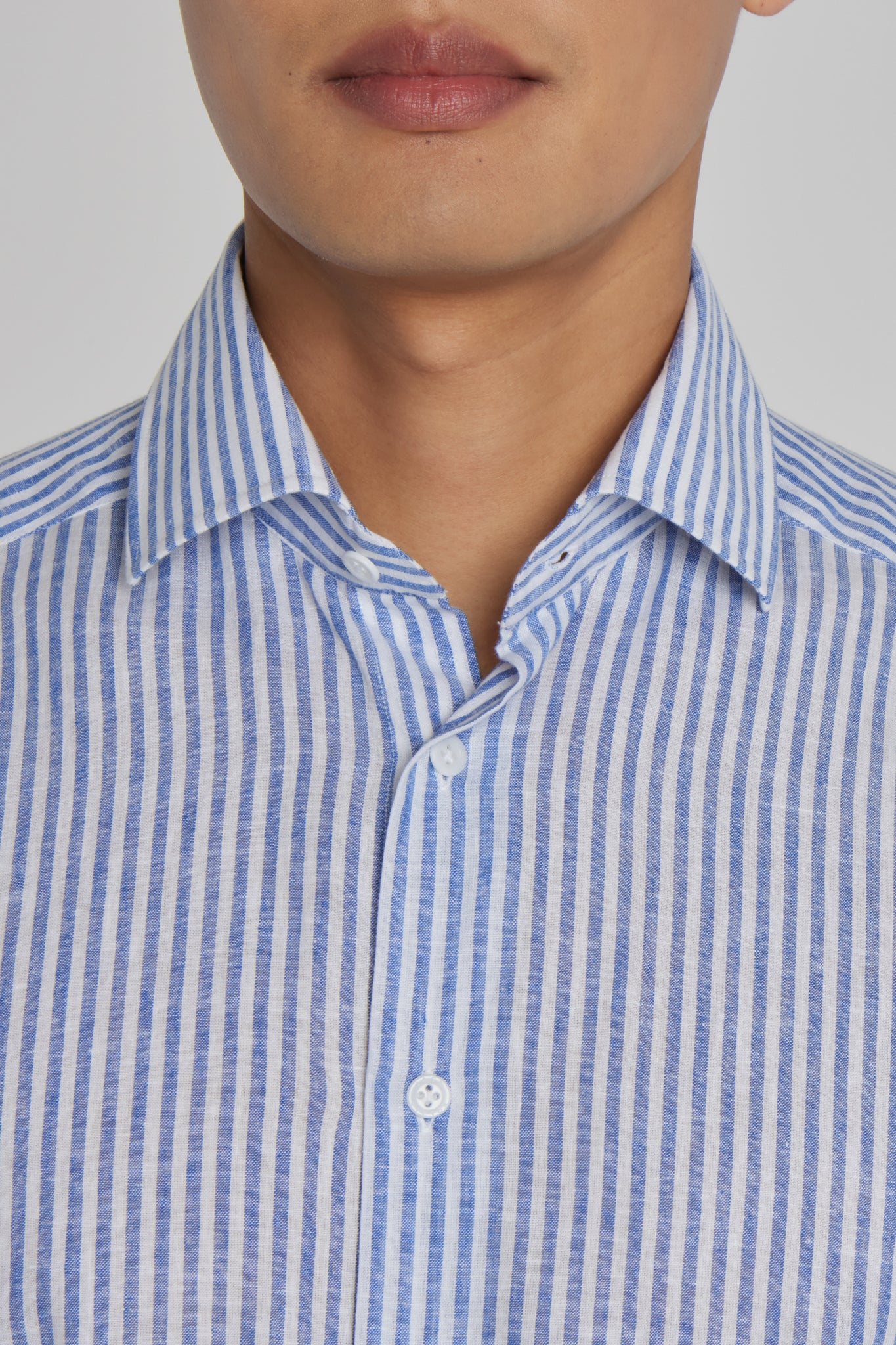 Blue and White Striped Thornhill Linen and Cotton Shirt-LS Sport Shirt-Jack Victor