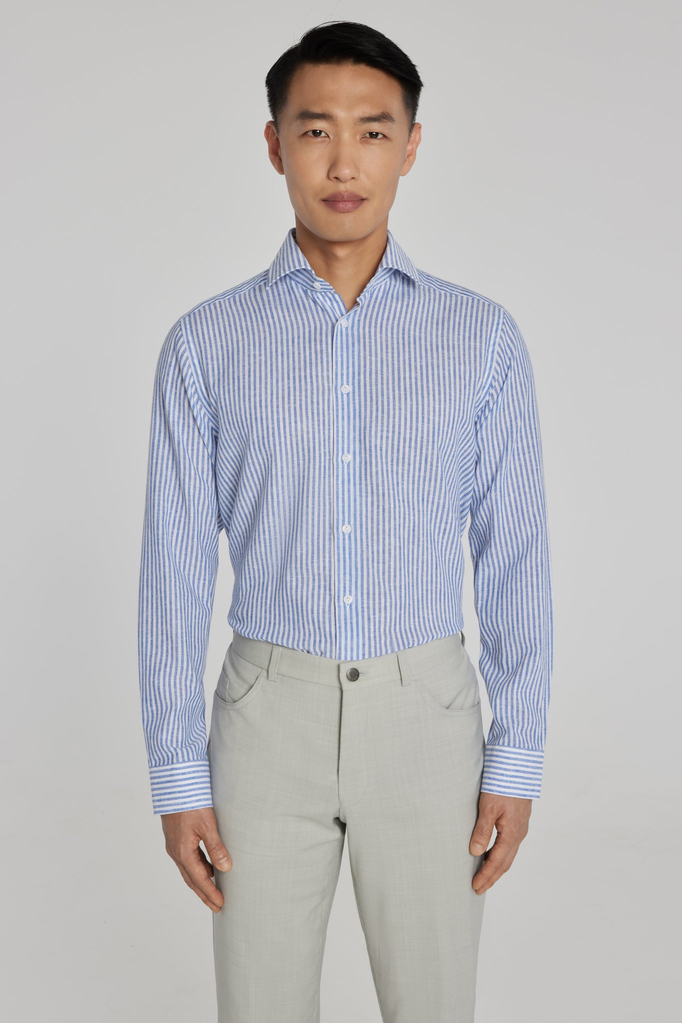 Alt view Striped Linen and Cotton Shirt in Blue and White