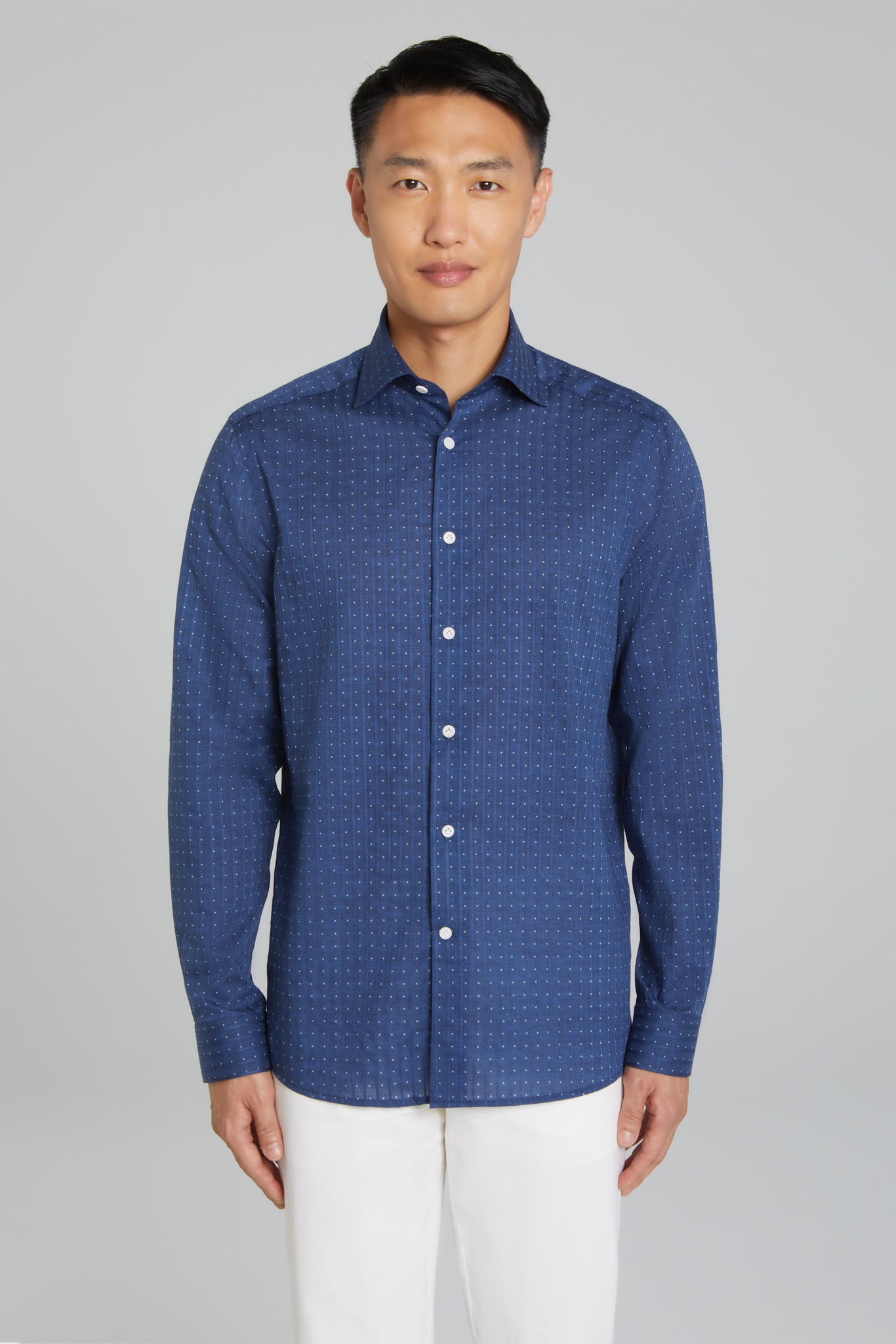 Navy Striped Dot Print Surrey Cotton Shirt-LS Sport Shirt-Jack Victor
